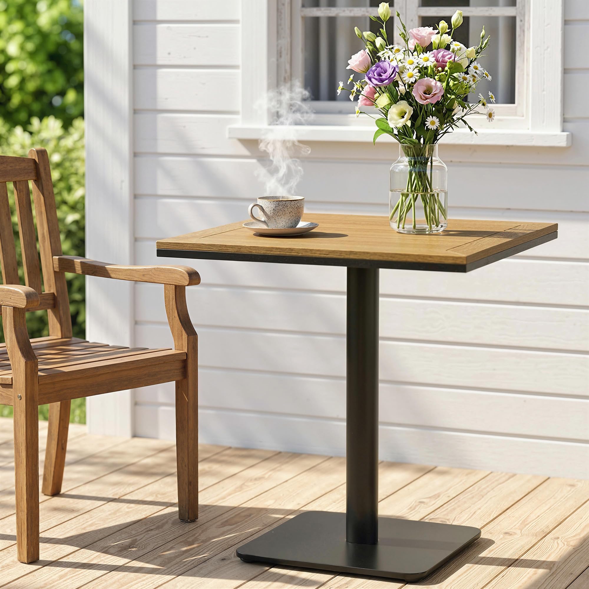 Outsunny Table d'appoint 70 x 70 cm - Résistante aux intempéries - Avec large base aspect bois - Table de balcon carrée - Charge maximale : 30 kg - Table de bistrot pour jardin, terrasse, balcon