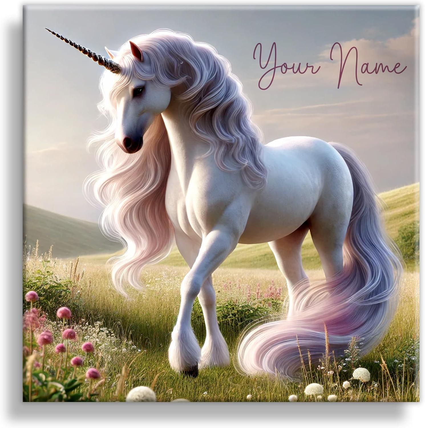 Customizable Unicorn Canvas Wall Art – Personalized Name Sign for Girls’ Room – Cute Majestic Unicorn with Pastel Flowers – Perfect Nursery Decor, Fairy Tale, Princess & Magical Theme Wall Art (14x14 inch)