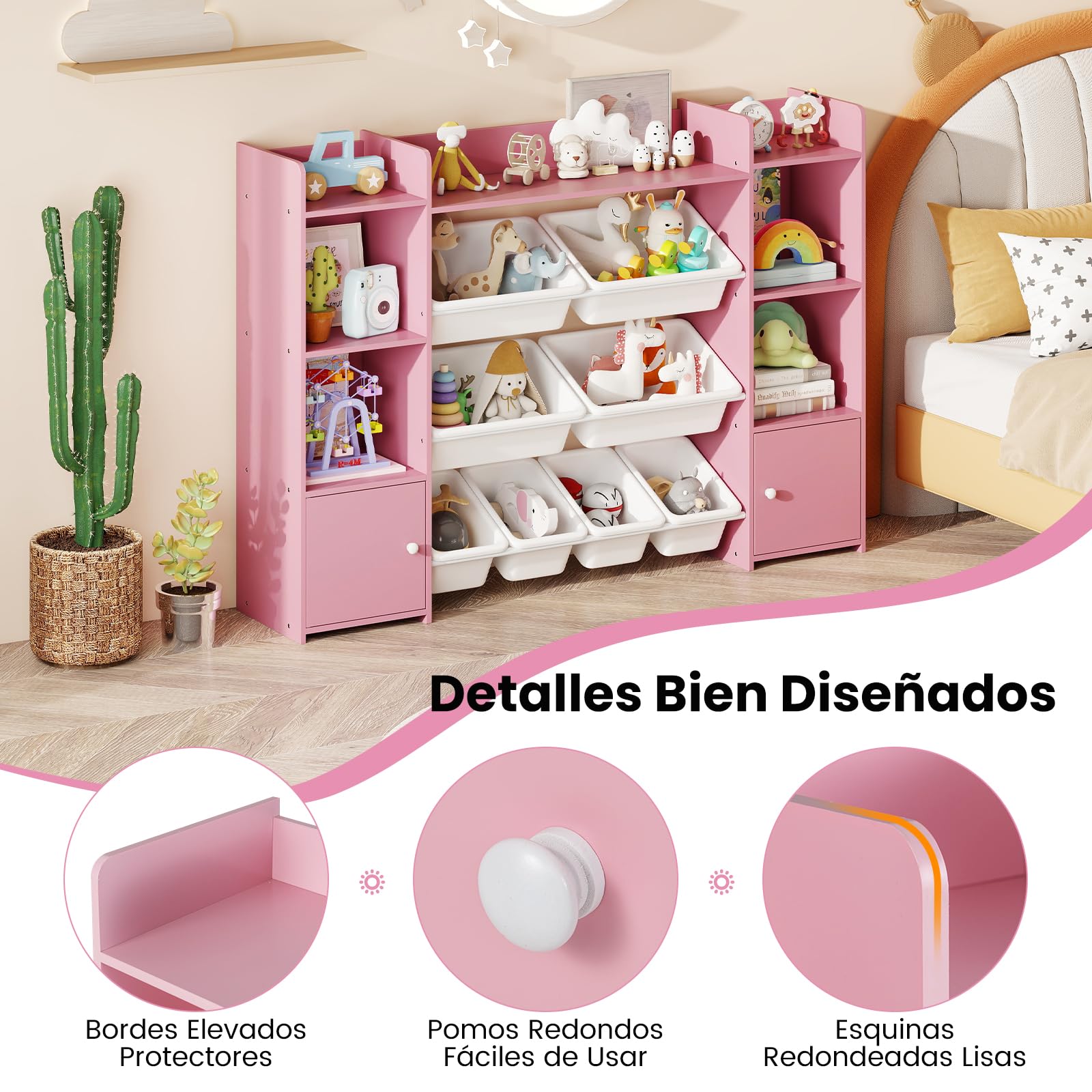 GOPLUS Mueble Almacenaje Juguetes, Estantería Infantil de 4 Niveles con 6 Compartimentos y 8 Cajas Extraíbles, Organizador Juguetes para Salón, Dormitorio 142 x 30 x 100 cm(Blanco) (Rosa)