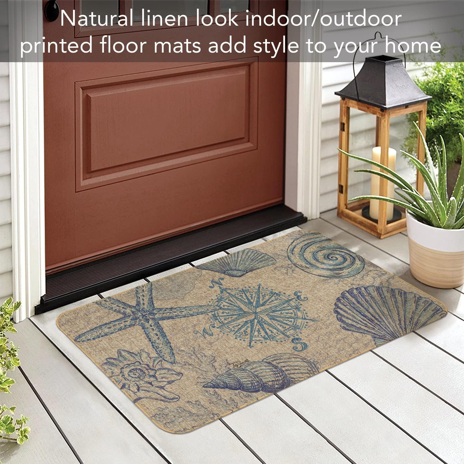Counterart Decorative Indoor/Outdoor Natural Linen Look Welcome Doormat with Rubber Backing 29.5” x 17.75” (Coastal Sketch)