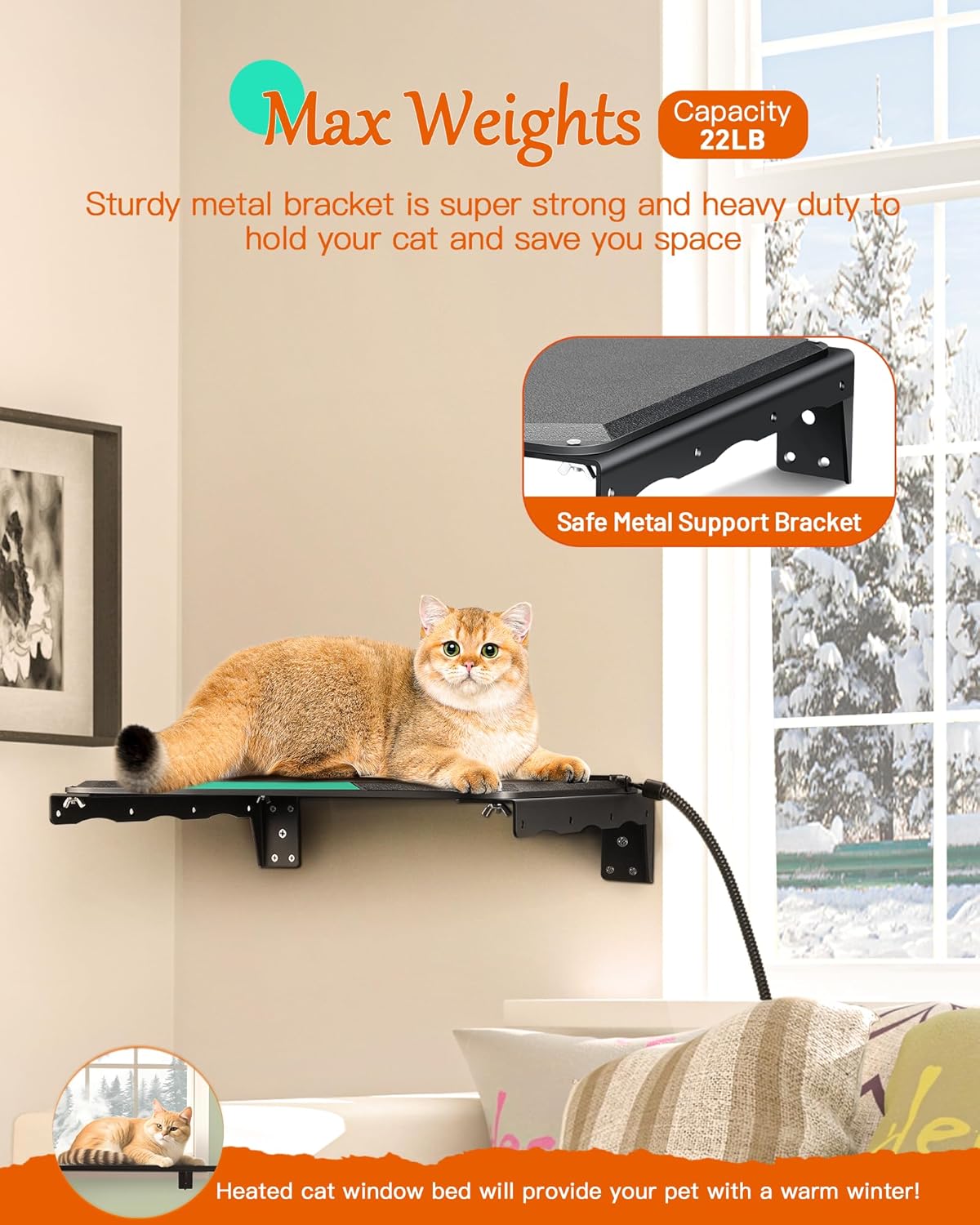 review Heated Cat Window Bed, Cat Window Perch with Heating Pad for Indoor Cats, Metal Cat Window Seat with Auto Temperature Control, Cat Window Shelf Shelves Sill Perches for Wood & Concrete Block Walls