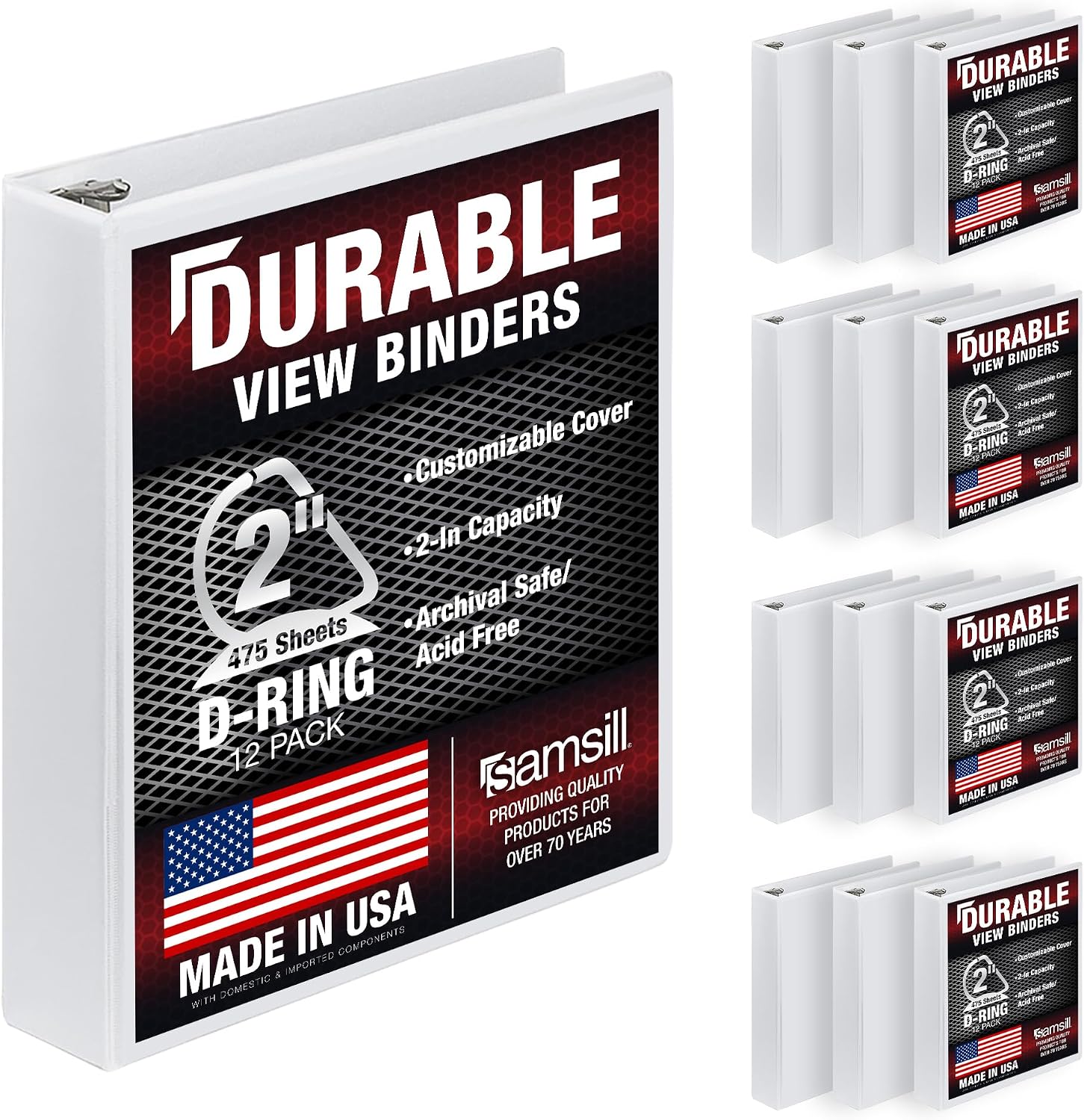 Samsill Durable 2 inch 3 Ring Binder, D Ring Binder, 100% Recycled Chipboard, White, 12 Pack