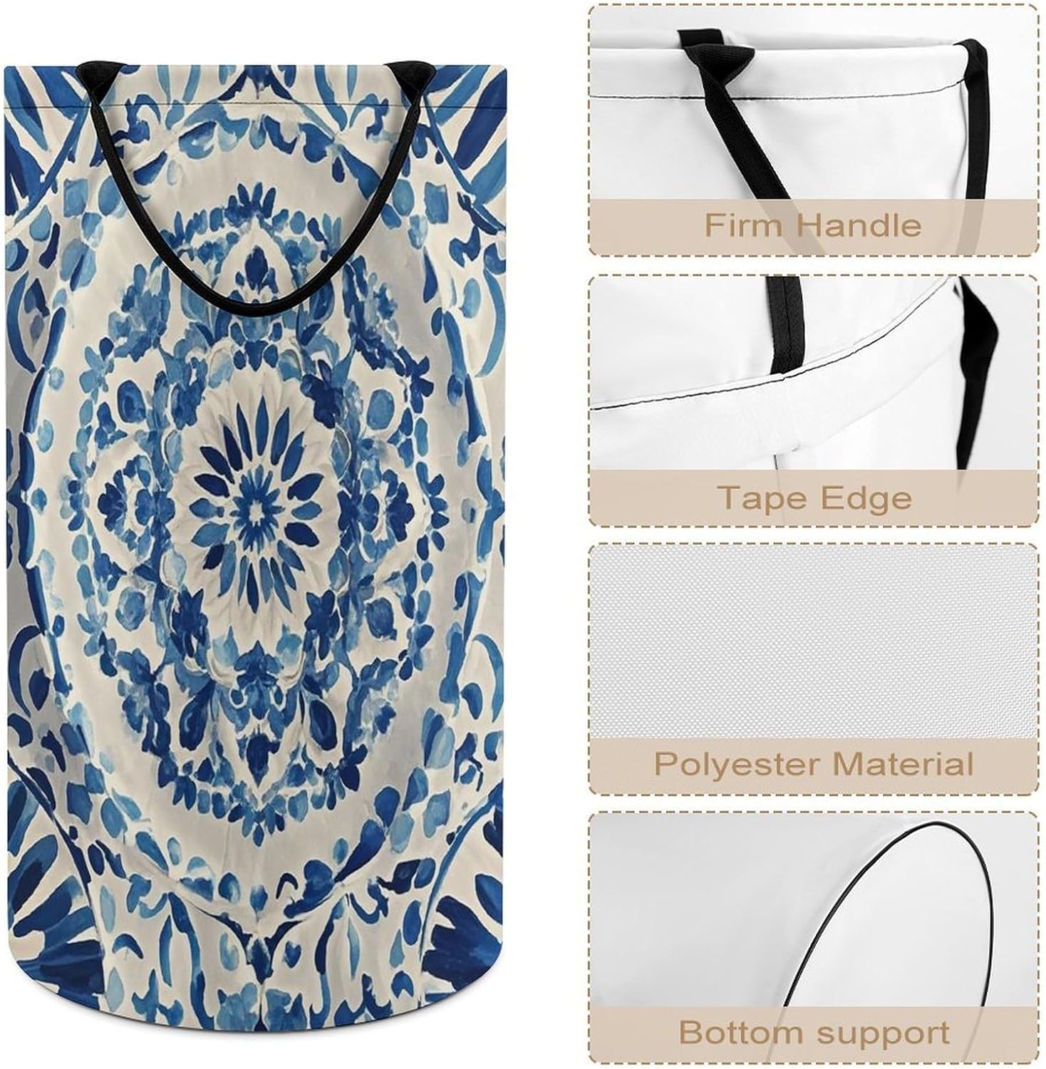 Blue And White Texture Laundry Hamper Large Capacity 15.7x27.2 Inch, Collapsible Dirty Clothes Basket with Handles, Foldable Storage Bin Laundry Basket for Bedroom Bathroom Dorm