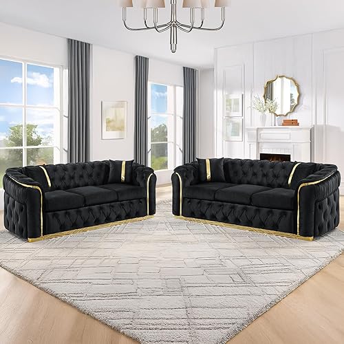 Miniatura 15 de KEIKI Sofá Seccional Chesterfield de Terciopelo de Lujo en Forma de L de 111" con Detalles de Acero Inoxidable Dorado y 7 Almohadas, Sofá de 5
