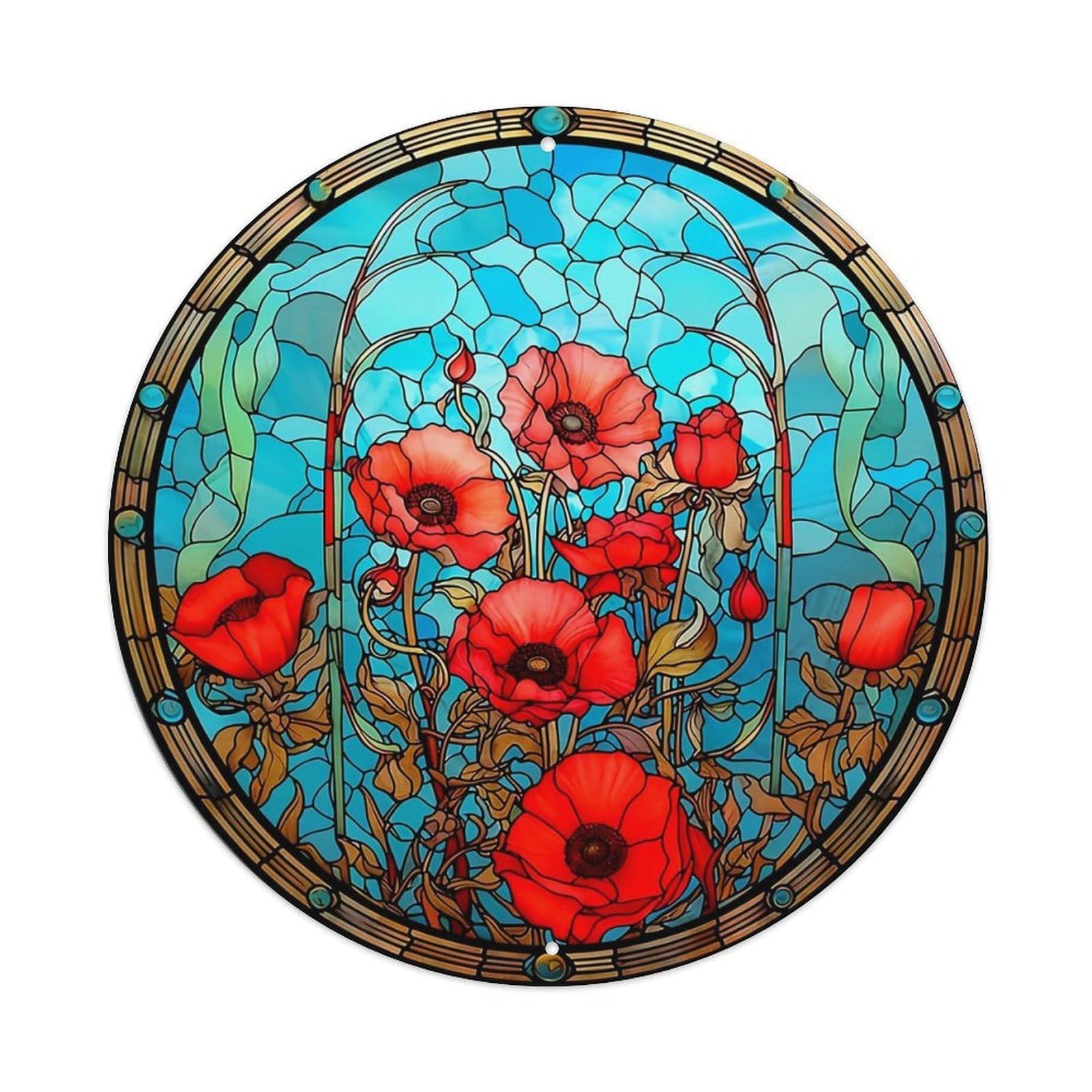 Stained Glass Red Poppy Design Vintage Metal Tin Sign Retro Wall Decor for Home Bar Garage Cafe, Indoor & Outdoor Decorative，circle Metal Poster, 8x8 Inch