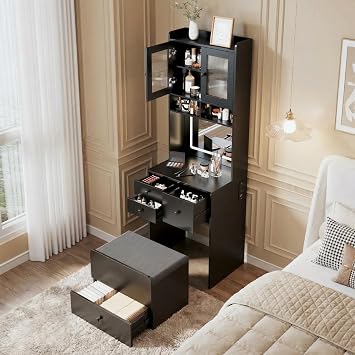 Vanity Desk with LED Lights Mirror & Power Outlet, Small Makeup Vanity Set with 4 Drawers and Cabinet, Compact Dressing Table with Cushioned Storage Chair and 3 Lighting Modes for Bedroom, Black