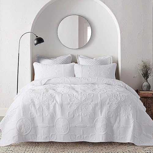 Juego de edredón de damasco blanco, tamaño California California King, con 2 fundas de almohada, colcha bohemia de gran tamaño, ligera, suave,