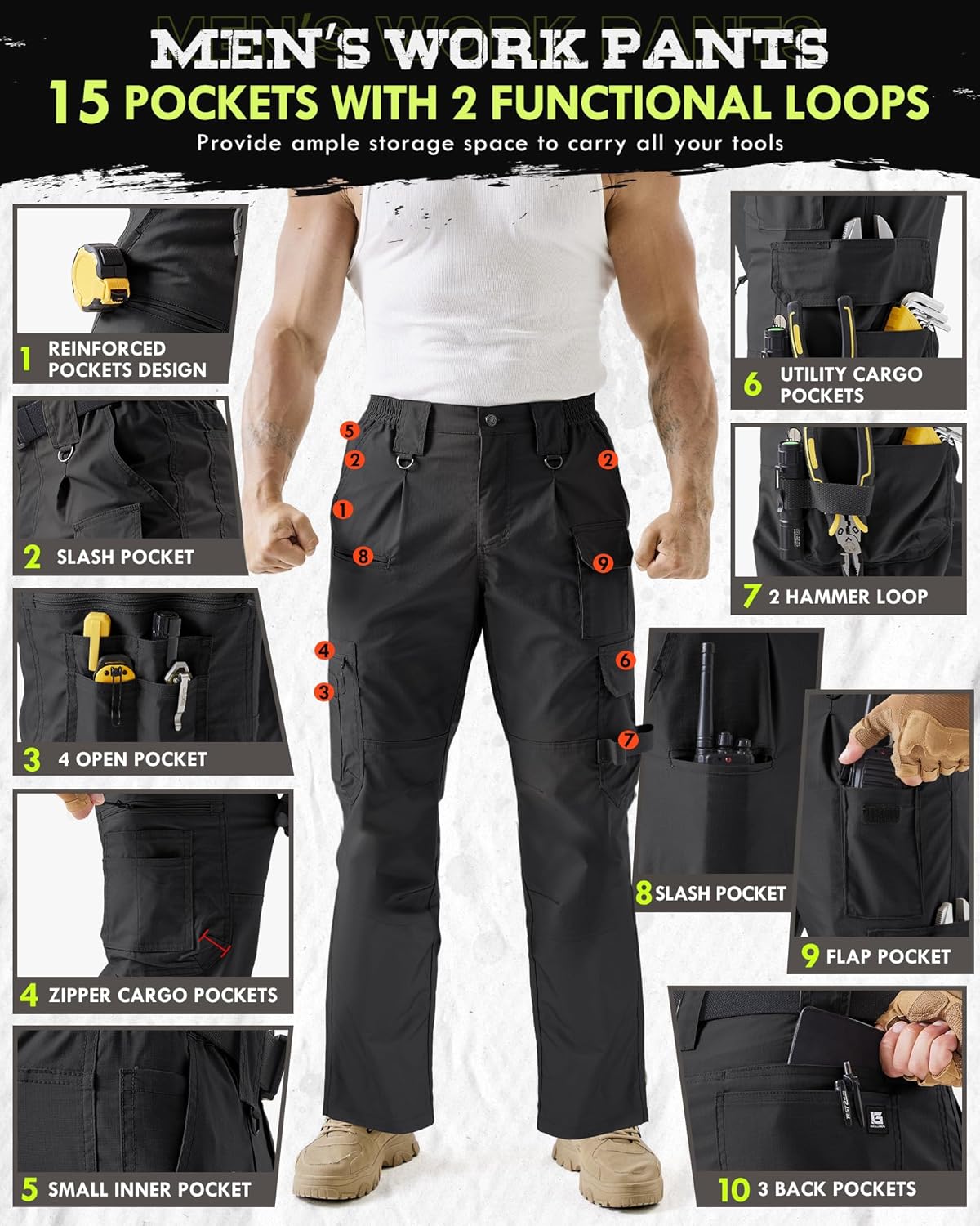 IGOLUMON Men's Stretch Tactical Work Pants, Breathable Ripstop Cargo Pants with 15 Pockets, Construction EDC Hiking Pants - Image 5