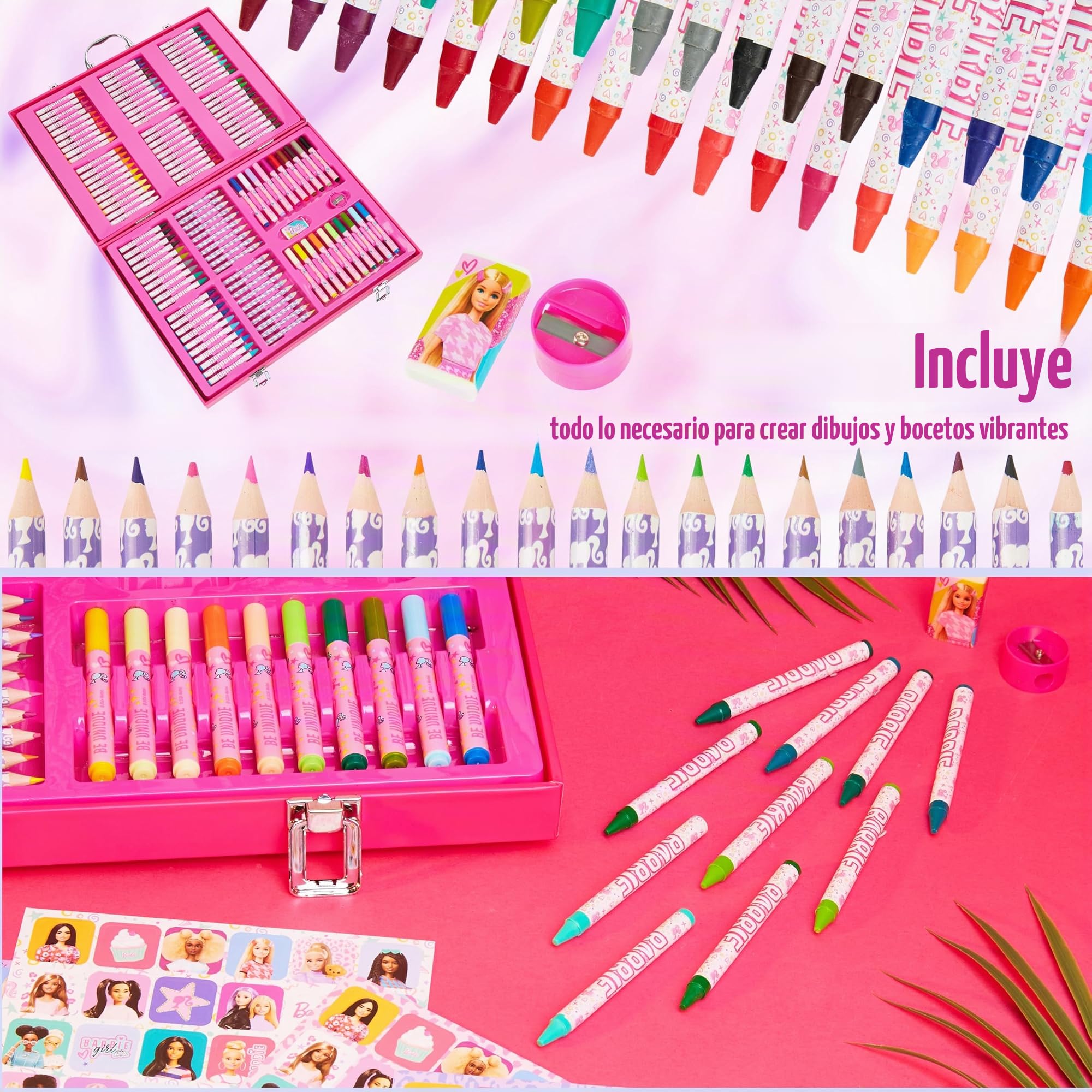 Barbie Maletin Pinturas para Niñas, Incluye +130 Piezas de Arte para Viaje o Escuela