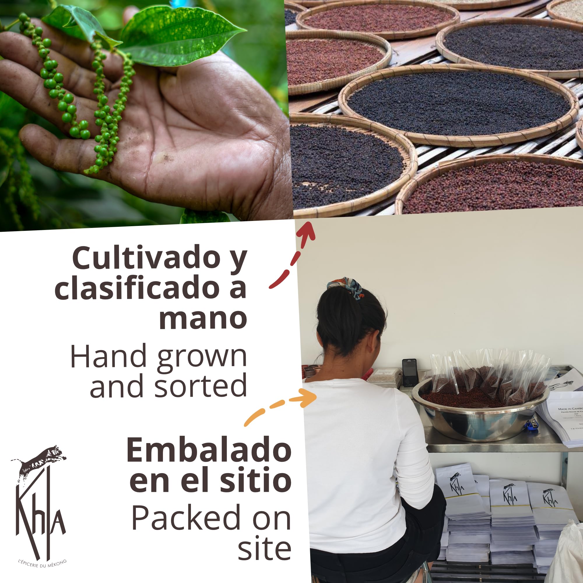 Khla - Set de 3 Pimientas de Kampot - Pimienta Negra, Blanca y Roja - 3 x 120g - Set Regalo Especias de Cocina - Pack Pimentas Gourmet - Regalo para Mujer, Hombre - Origen Camboya