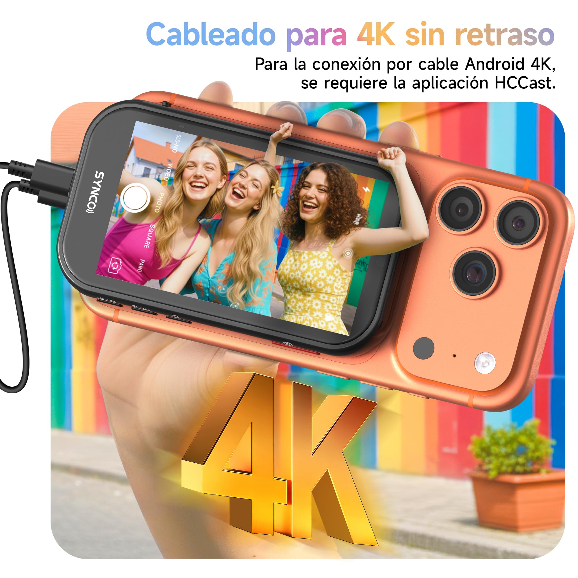 SYNCO XView M4 AI Pantalla Monitor Selfie con Luz Magnética para iPhone y Android, Control por Gestos, 4K sin latencia, Selfie Cámara Trasera, Batería 3h, para Youtube TikTok (Negro)