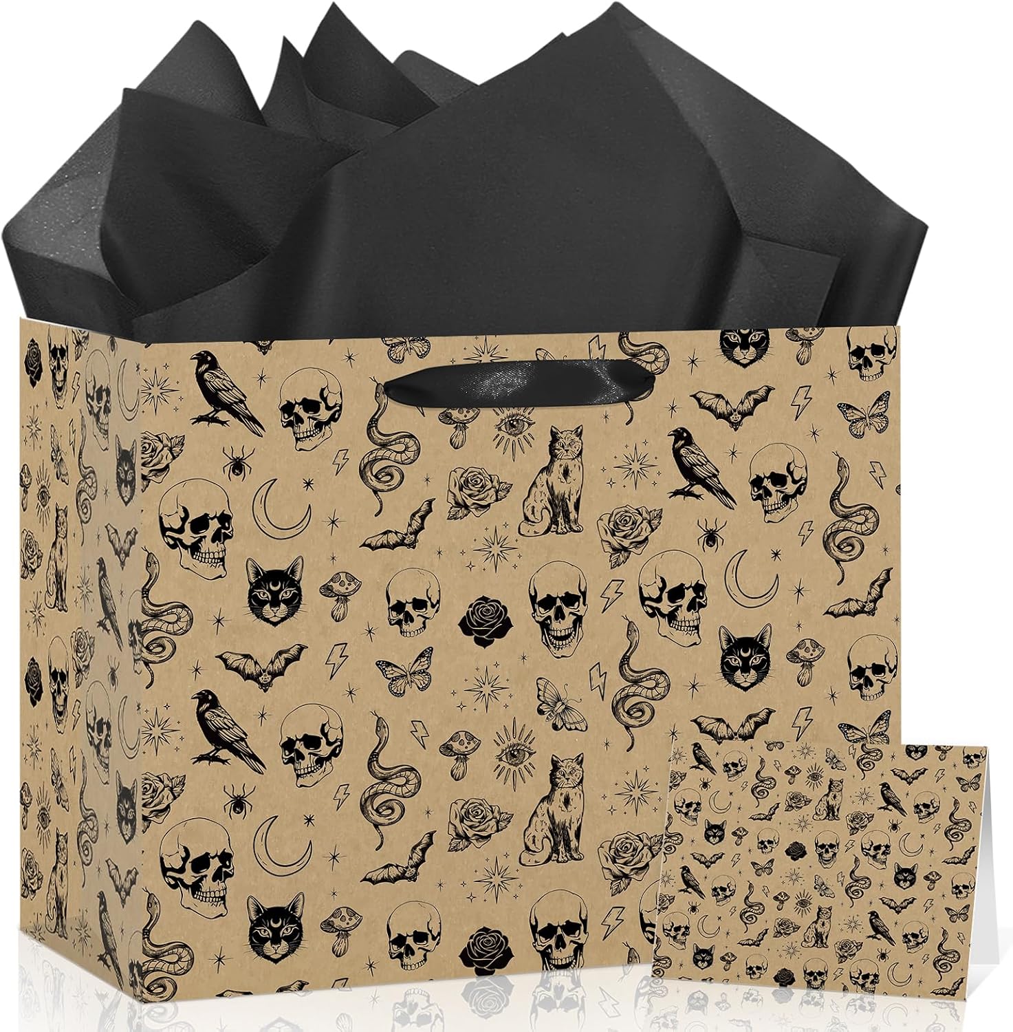 Yomaiha Gothic Birthday Gift Bag with Tissue Paper Card Gothic Wrapping Paper Black Goth Skeleton Skull Gift Bag Funny Goth Party Favors Spooky Birthday Party Decorations Supplies for Women Men