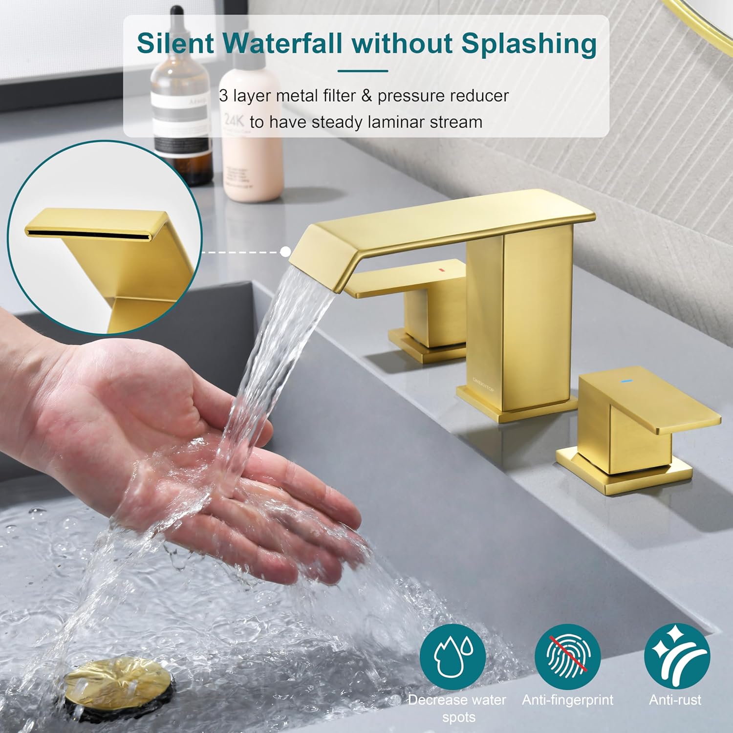 Brushed Gold Bathroom Faucet 3 Hole, OMEKNTOP 8 Inch Waterfall Gold Bathroom Faucet with Overflow Pop Up Drain and cUPC Hose, Two Handle Bathroom Sink Faucet for Basin Lavatory Vanity - Image 2