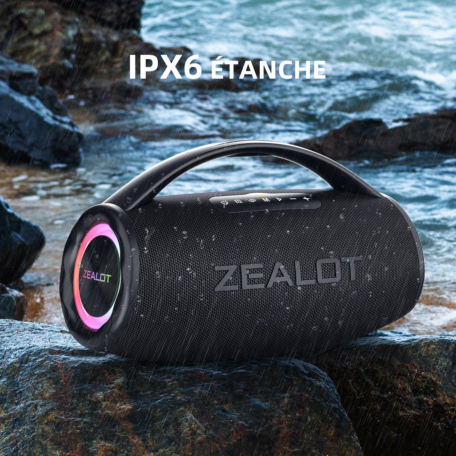 ZEALOT Enceinte Bluetooth Puissante 80W Haut Parleur sans Fil avec Lumière LED, Basses Puissantes, EQ, Autonomie de 12 hrs, Bluetooth 5.2, IPX6, AUX, TF Carte, TWS, Enceinte Portable pour Exterieur