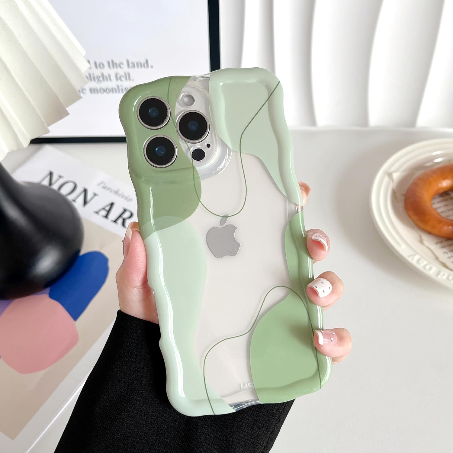 DEFBSC for iPhone 13 Pro Case Cute Clear Wavy Design, Green