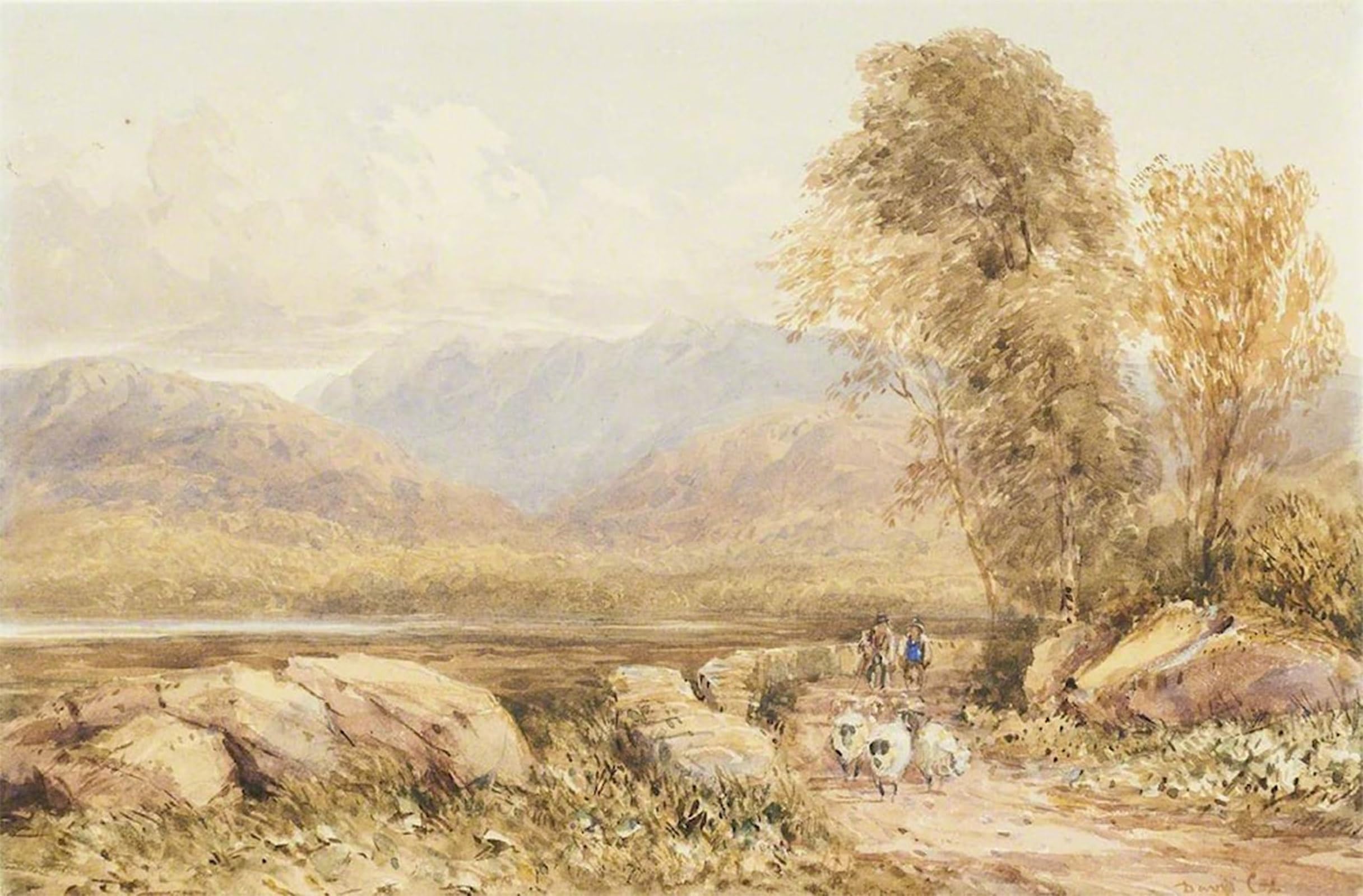 SERENDIPITP Abstract Painting Mural Print Picture Wall Decor Painting Figures and Sheep on a Road Near Ambleside by David Cox Vintage Wall Artwork for Home Decor 60x90cm