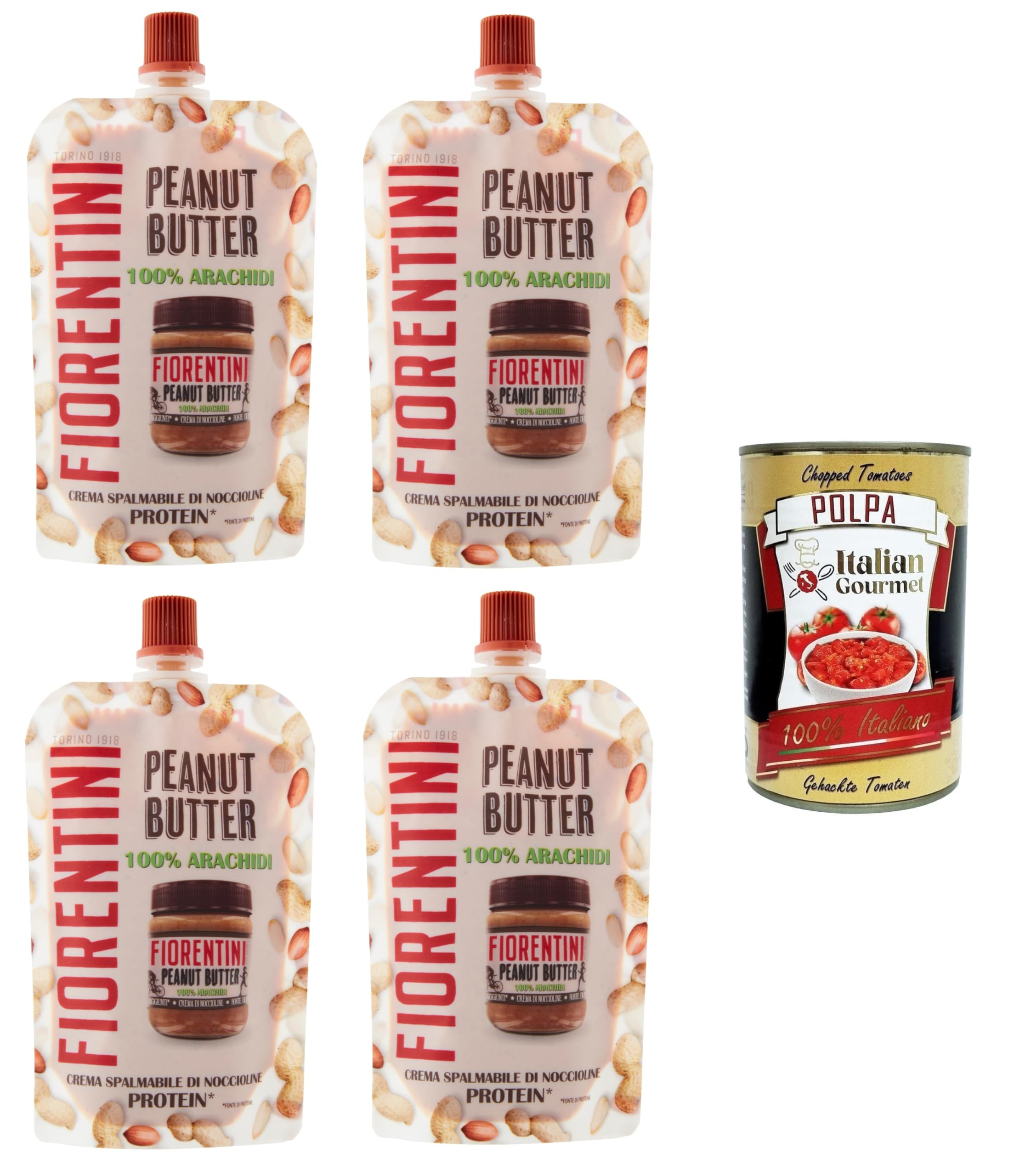 Fiorentini Lot de 4 sachets de beurre de cacahuète 100 % Arachidi dans pochette 4 x 100 g + Italian Gourmet Polpa 400 g