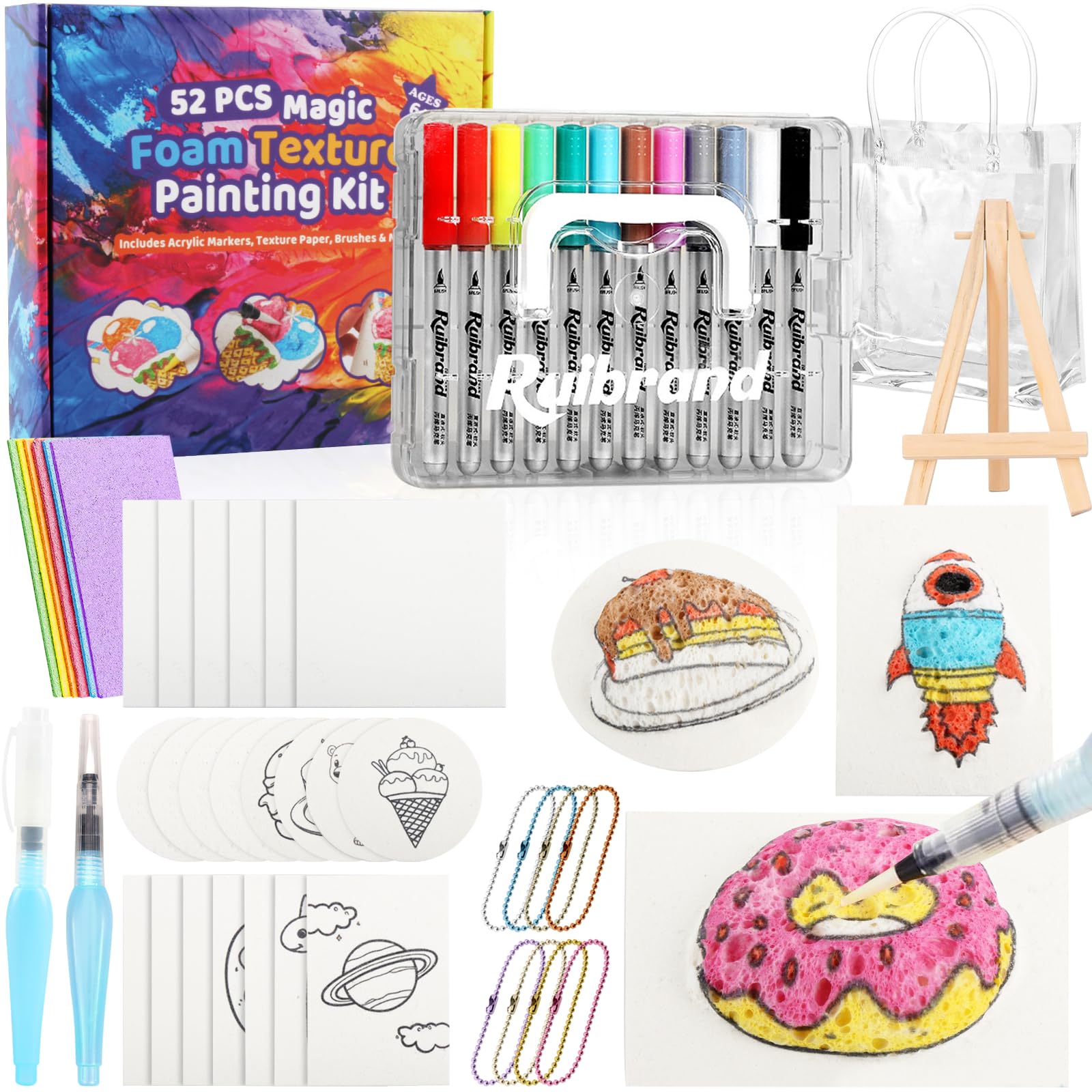 Revoti 52 Pcs Magic Foam Texture Painting Kit, Magic Puffy Paint 3D Drawing Canvas Sponge - Includes 28Pcs Foam Paint Paper, 12 Colors Markers with 2Pcs Water Brush for Painting, Art, Craft Supplies