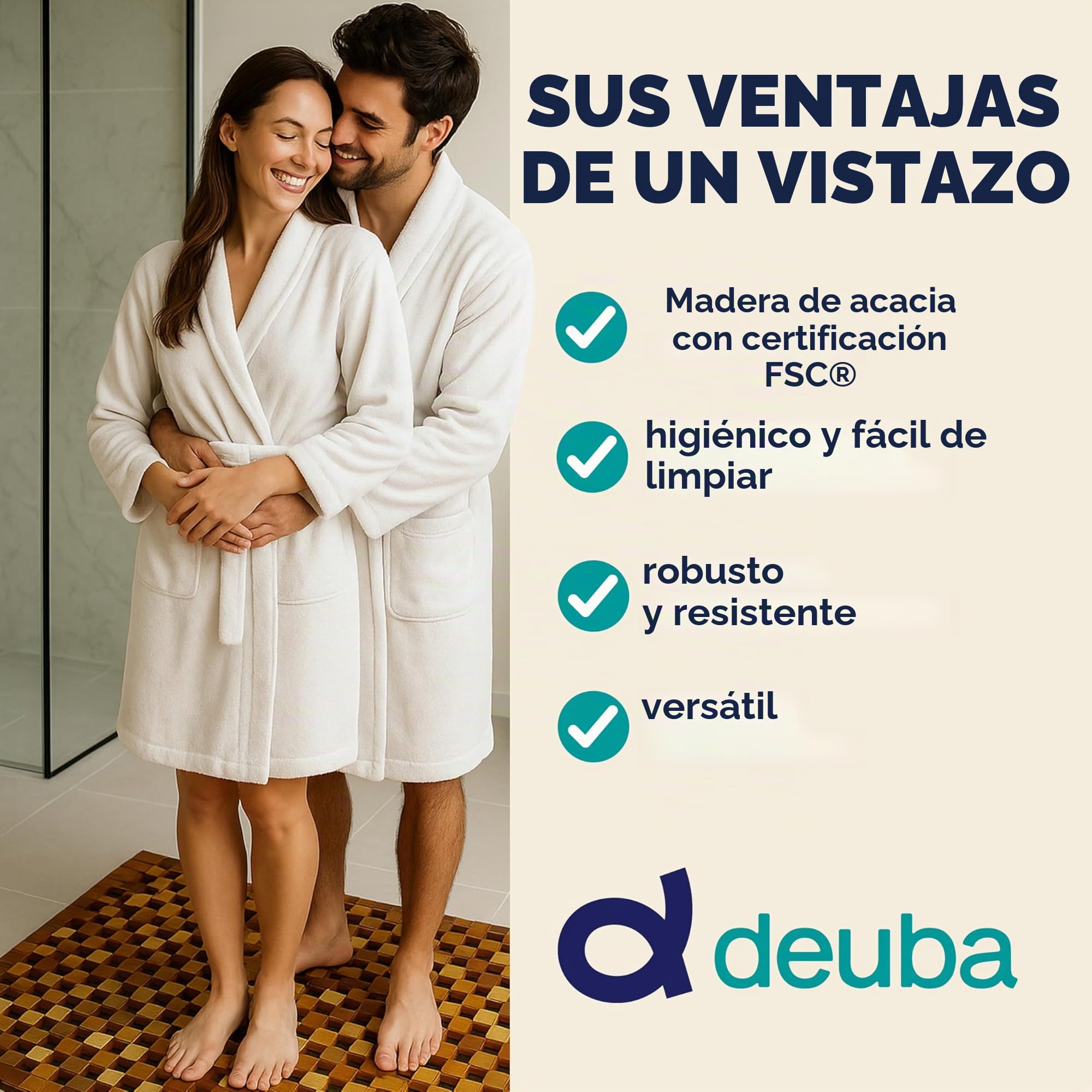 Deuba Set de 2 Alfombras de Baño de Madera de Acacia 80x50cm Alfombrilla para Ducha SPA Certificado FSC