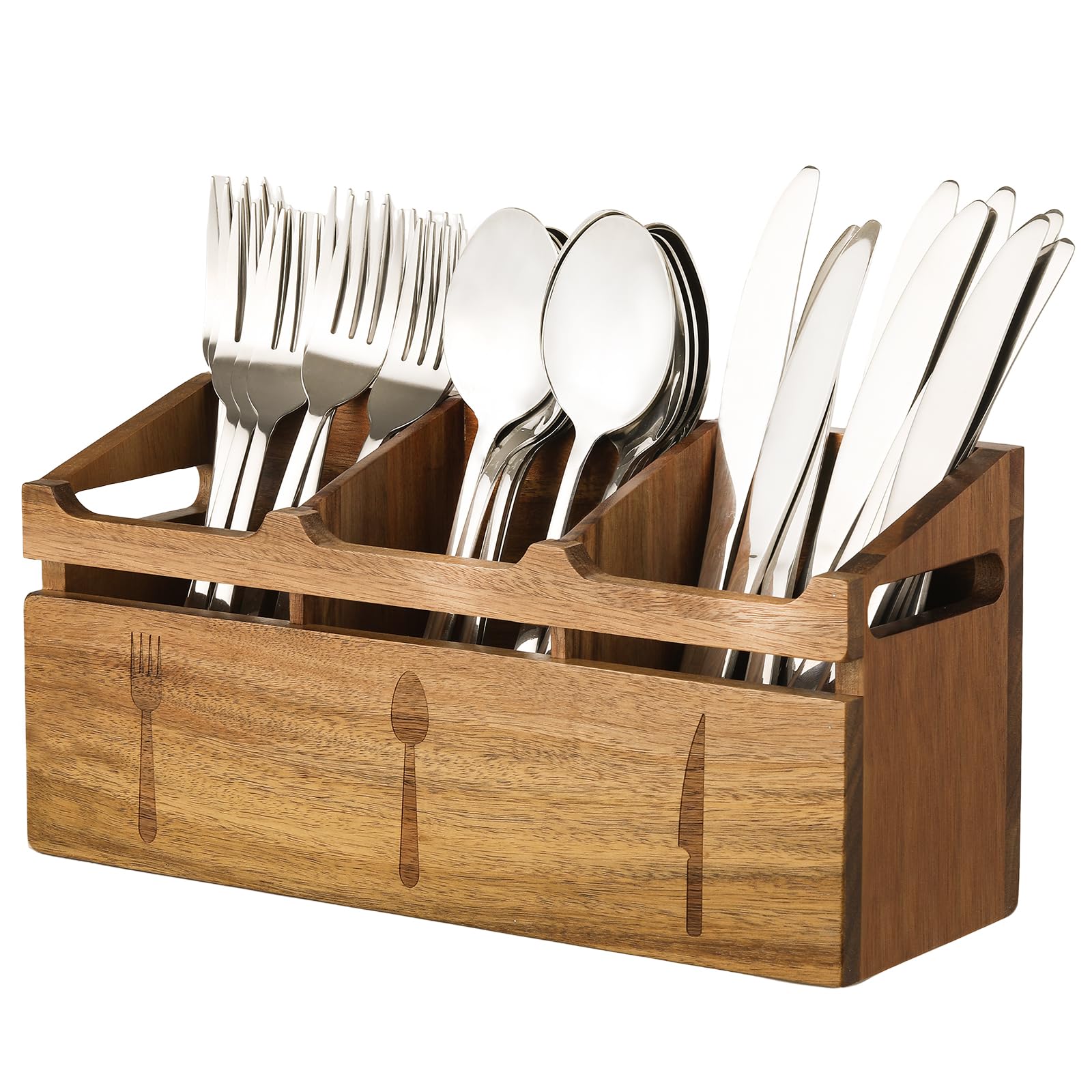 Acacia Wood Flatware Caddy - 3 Compartment Organizer -1