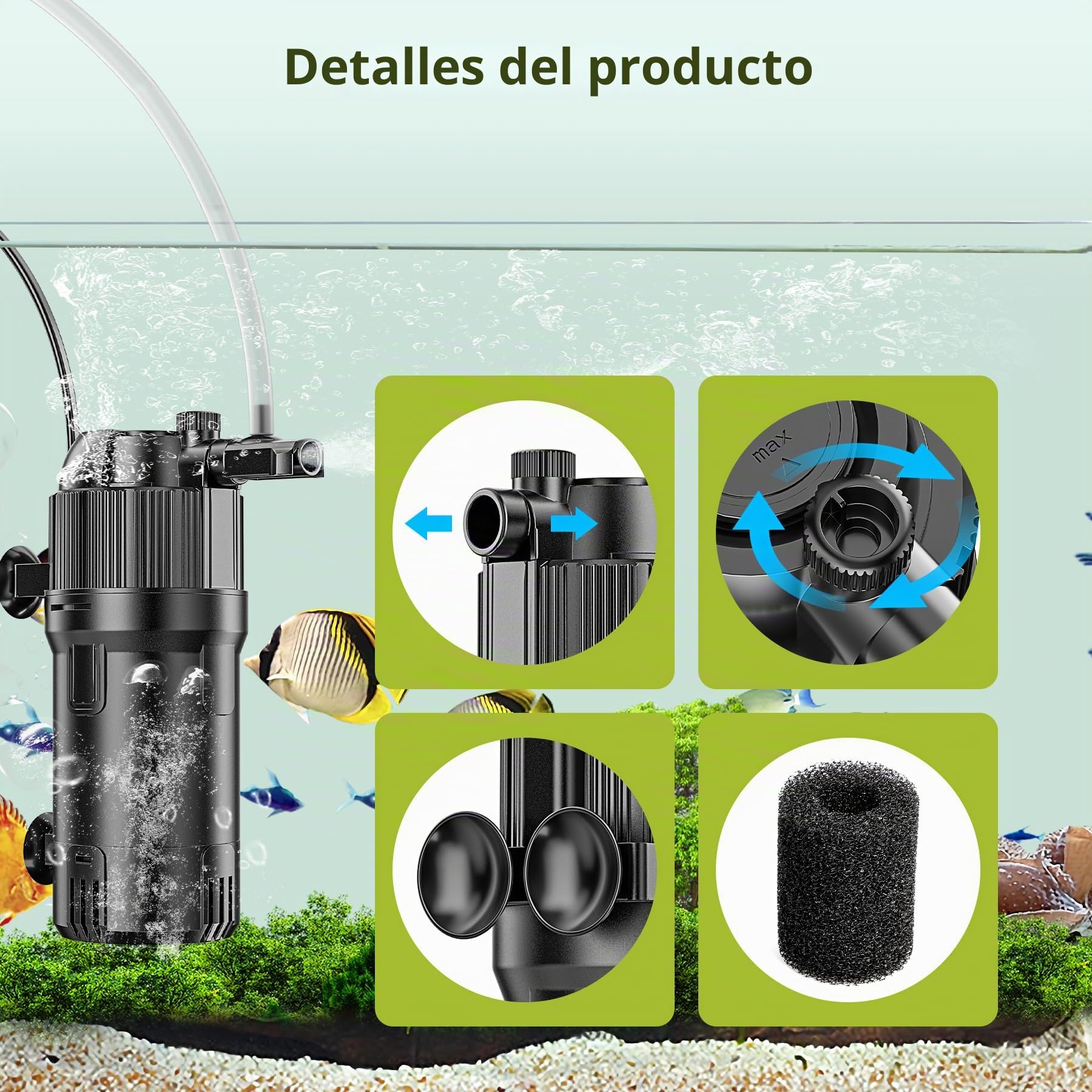 Forever Speed Filtro Acuario Interno 5 en 1, Filtro pecera con clarificador UVC de 3W, Filtro Tortugas de Agua Multifuncional 400L/h para acuarios de 20 a 100L