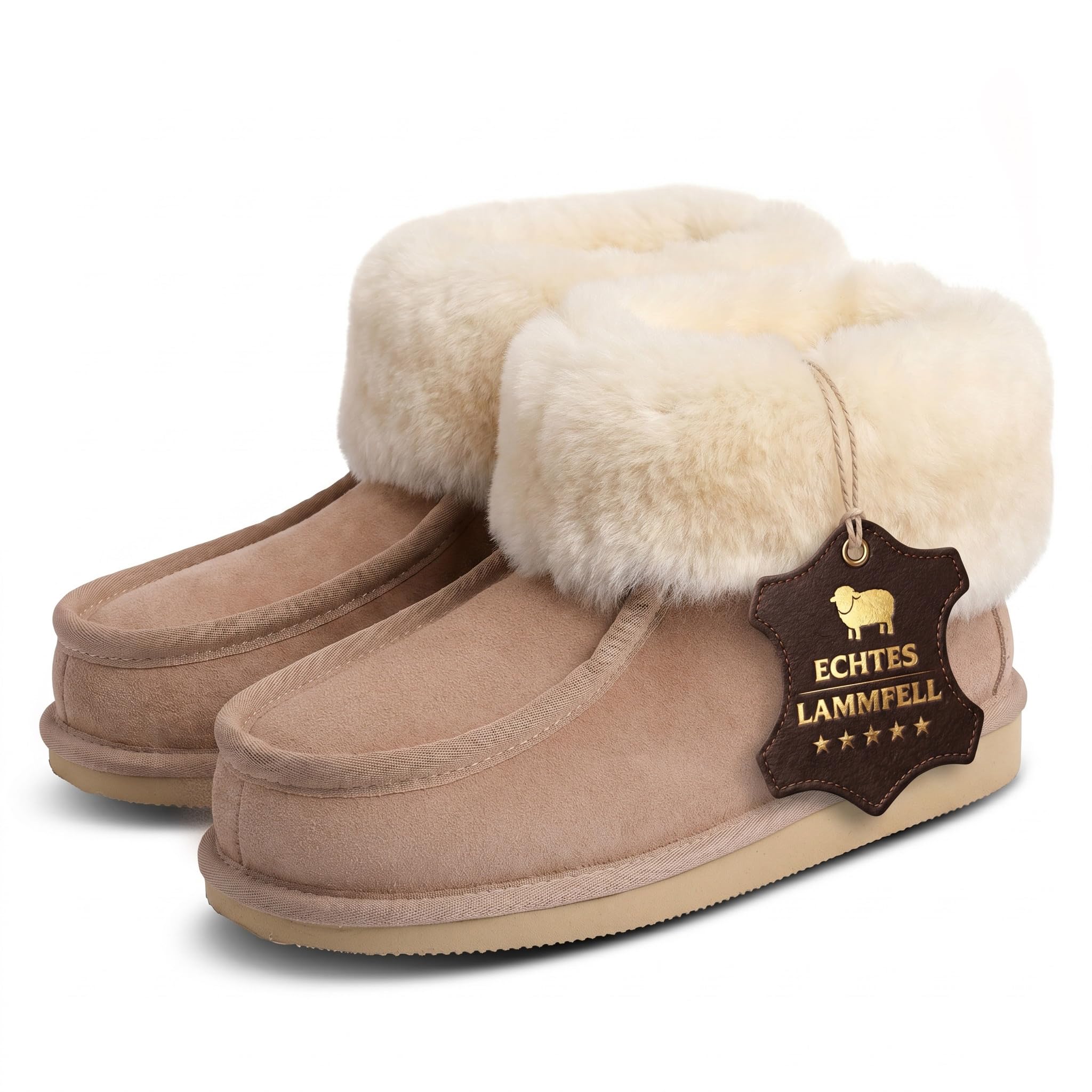 Rohn Moden Lammfell Hausschuhe für Damen und Herren – Puffin – Warme Hausschuhe mit Schaffell & rutschfester EVA-Sohle – Winter Pantoffeln für zuhause – Slipper gefüttert - Braun