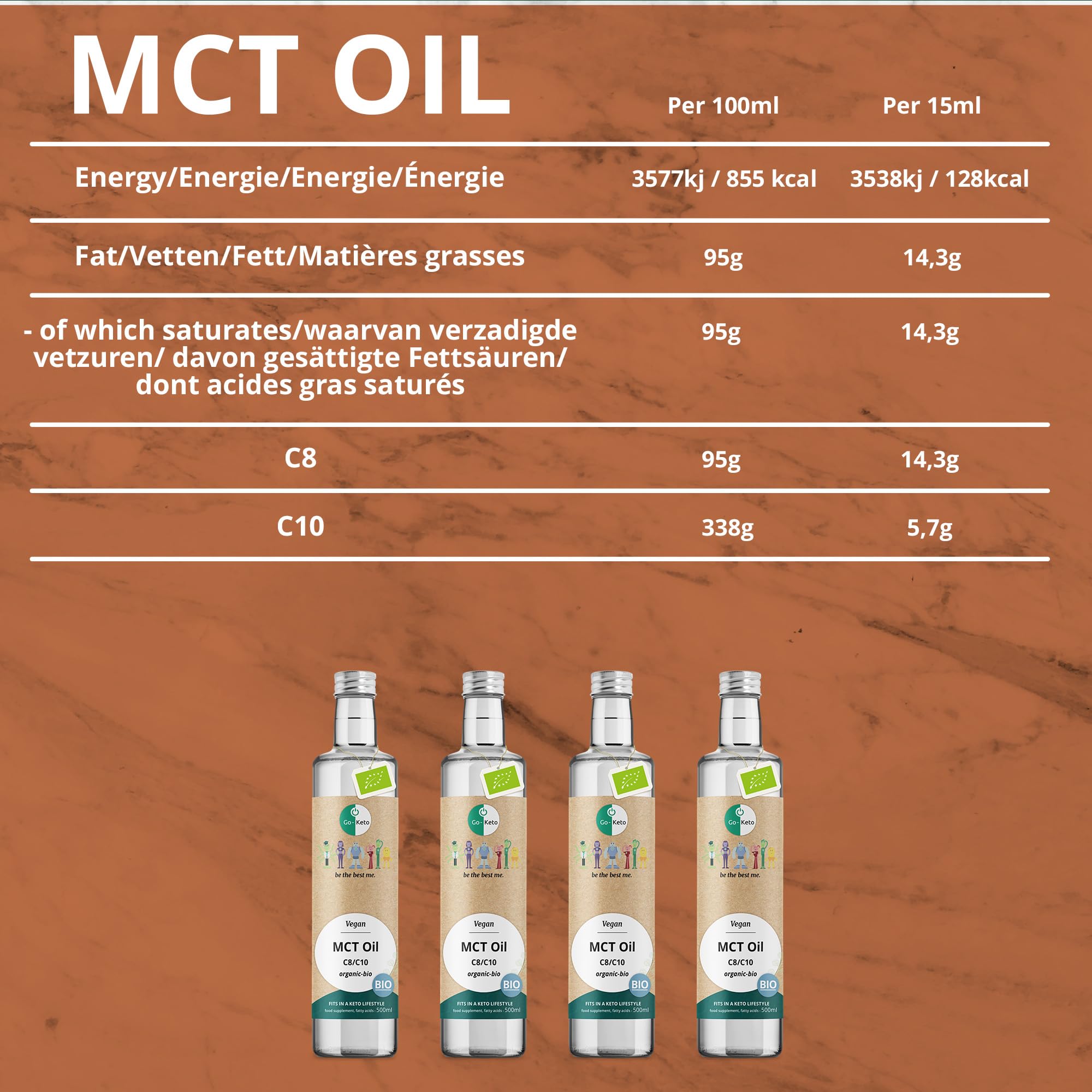 Go-Keto MCT Oil BIO, 500ml - Huile MCT C8/C10 de première qualité à base d'huile de coco BIO, dans bouteille en verre, parfaite pour un régime céto, idéal pour le Bulletproof Coffee, huile TCM