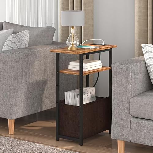 Miniatura 2 de Mesa auxiliar estrecha con estación de carga, mesa auxiliar pequeña para espacios pequeños, mesitas de noche delgadas con cesta de almacenamiento,