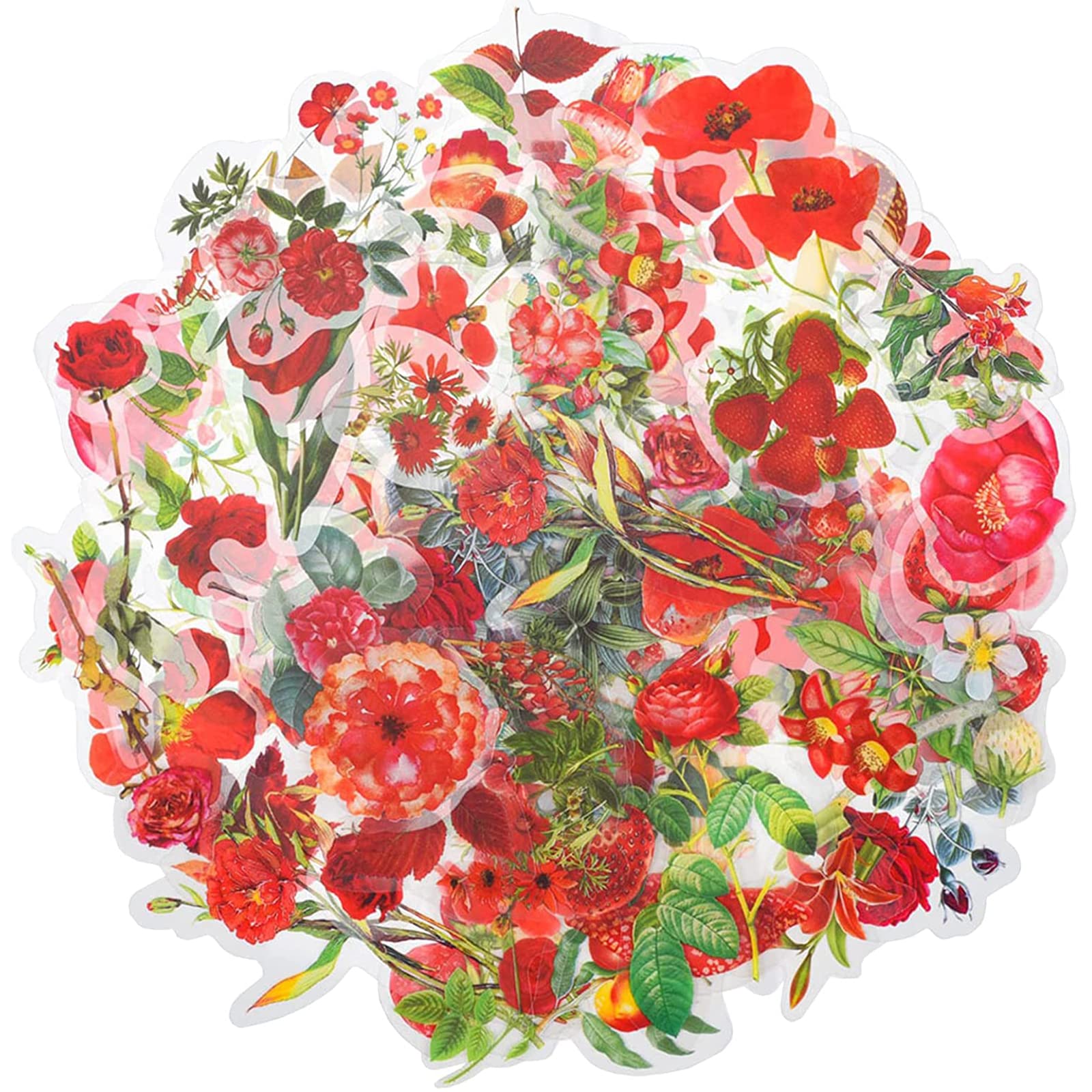 100 Pcs Natural Flower Stickers for Scrapbooking, PET Transparent Retro Floral Plants Vintage Stickers for Scrapbook Laptop Skins Album DIY Craft Daily Planner,Red