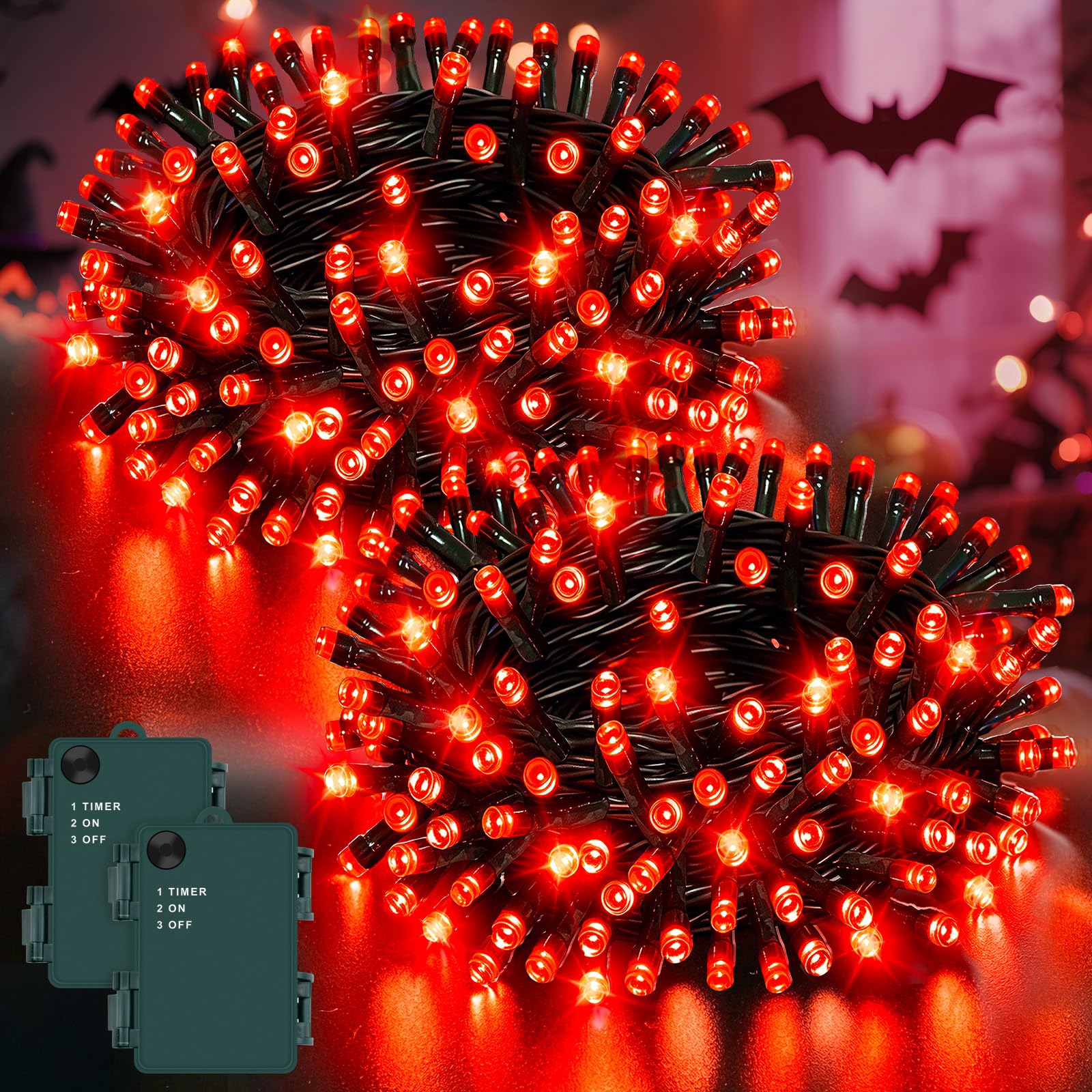 Dalugo Halloween Decoration Lights 2 Packs, 5M 50 LED Red Fairy Lights with Timer,IP65 Waterproof Battery Operated Lights for Halloween Party Decorations — image 1