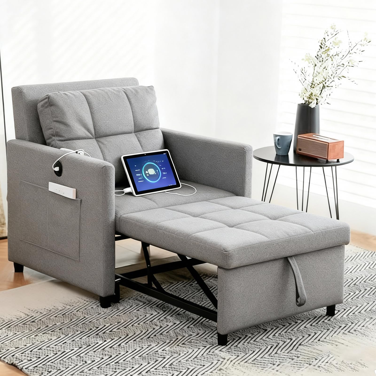 Komtopod Sofa Bed Chair, 3 in 1 Convertible Sofa Bed Pull Out Single Chair Bed with Adjustable Backrest, Side Pockets, USB and Type C Charging Station, for Bedroom Living Room Apartment, Gray