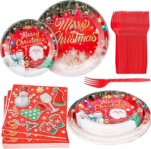 LIZIHAO 96 piezas de suministros para fiesta de Navidad sirven para 24 platos de papel y servilletas de Feliz Navidad platos de papel de Navidad de
