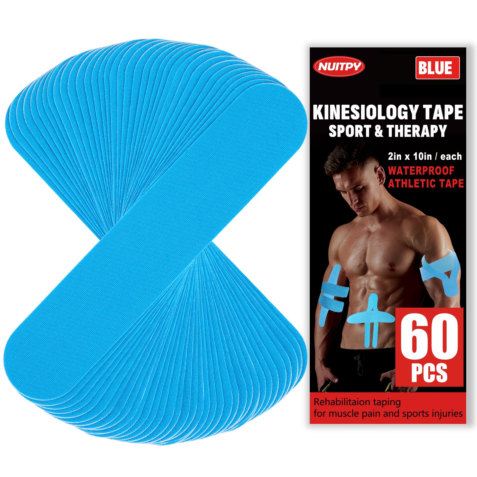 60 Pcs Light Blue Precut Kinesiology Tape Strips, 2in x 10in Kinetic Tape