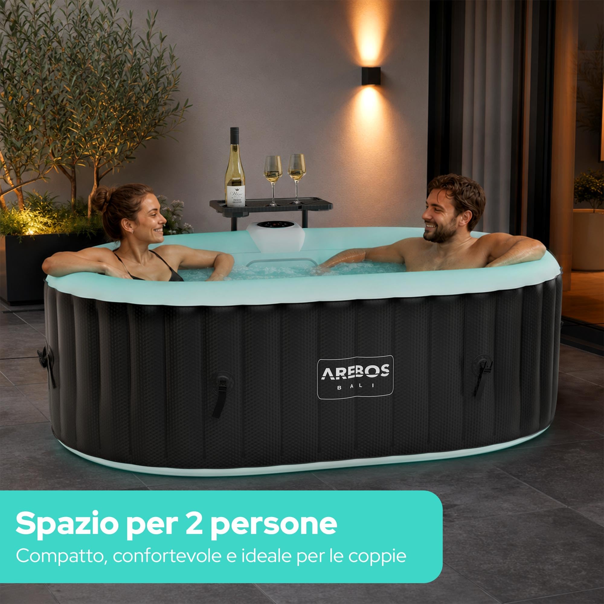 Arebos Vasca idromassaggio con illuminazione a LED | Gonfiabile | Indoor & Outdoor | 190x120 cm ovale | 2 persone | 90 getti di massaggio | con riscaldamento | 550 litri | Incl. copertura | Bubble Spa