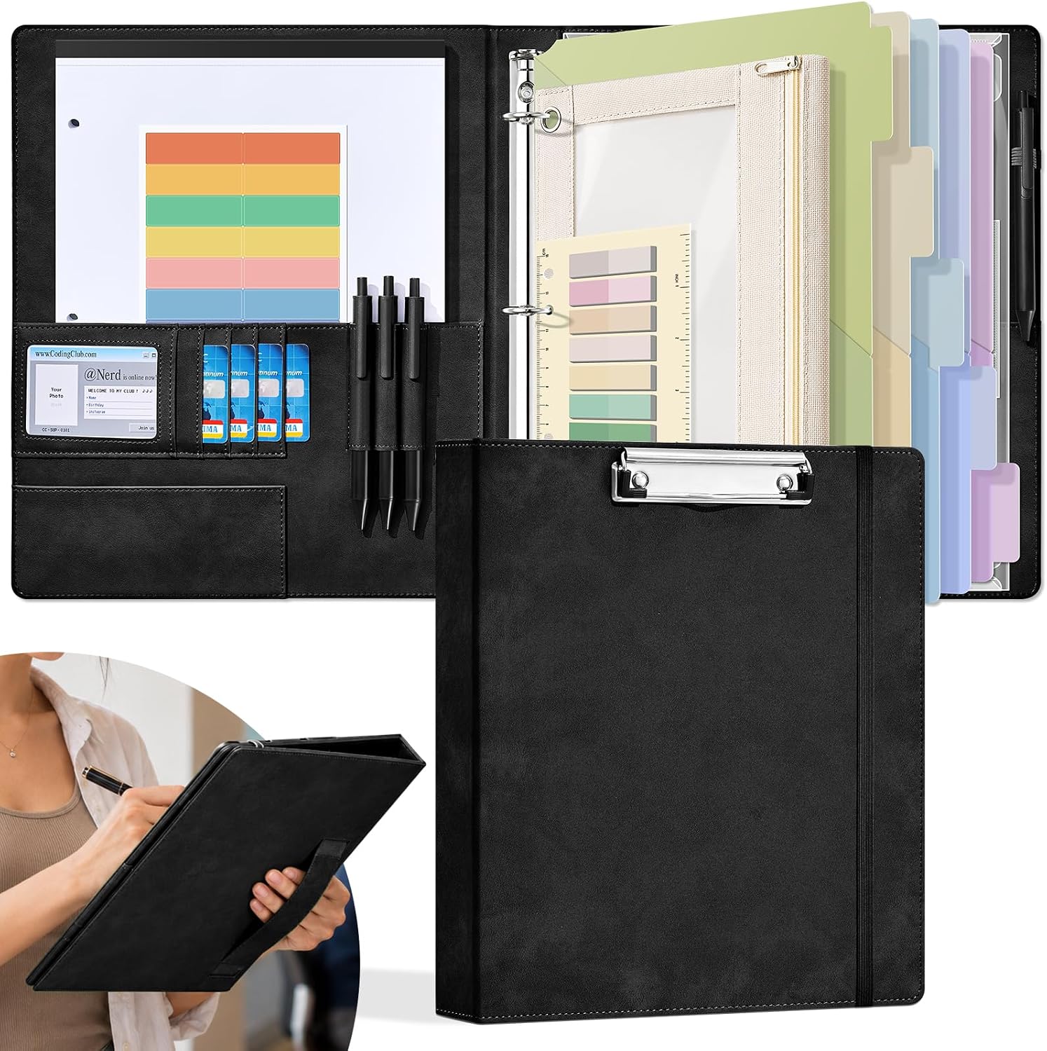 OVESMUSL PU Leather 3 Ring Binder 1 Inch Clipboard Black