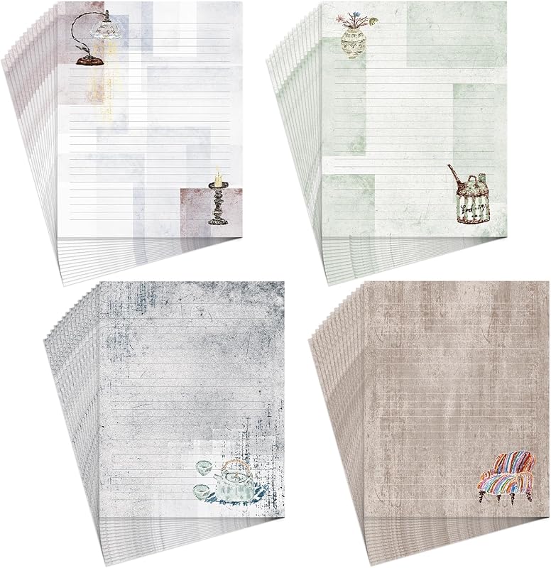 60 papeles de papelería para escribir, papel de papelería rayado para escribir cartas, papel de carta vintage de doble cara con líneas, 100 g/m², 8,5 x 11 pulgadas, 4 diseños únicos (vintage)