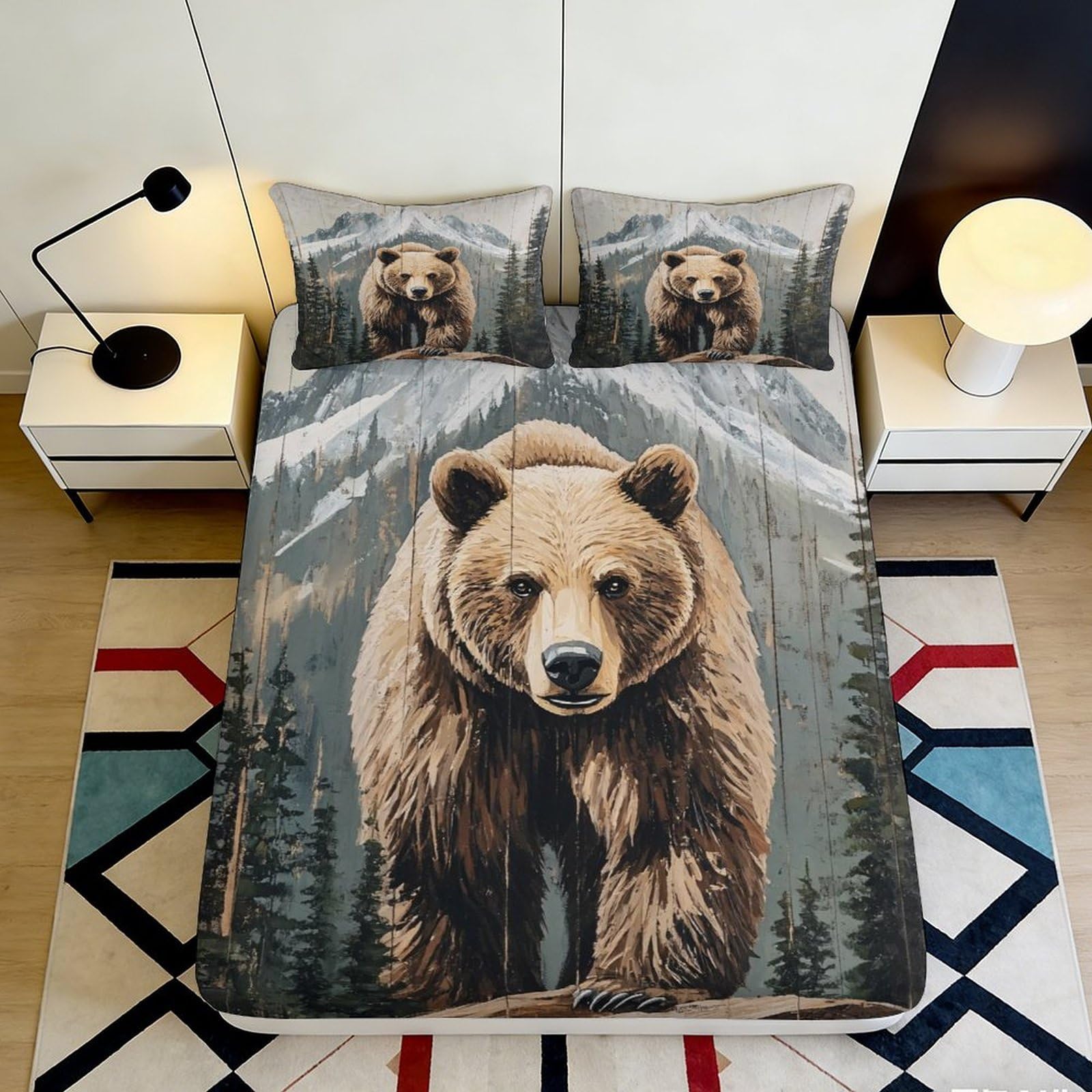 3D Printed Bear Forest Microfiber Fitted Sheet Deep Pocket Non-Slip Bedding Bear Mattress Fitted Cover Elastic Hem Washable for Bedroom 140x200x25cm