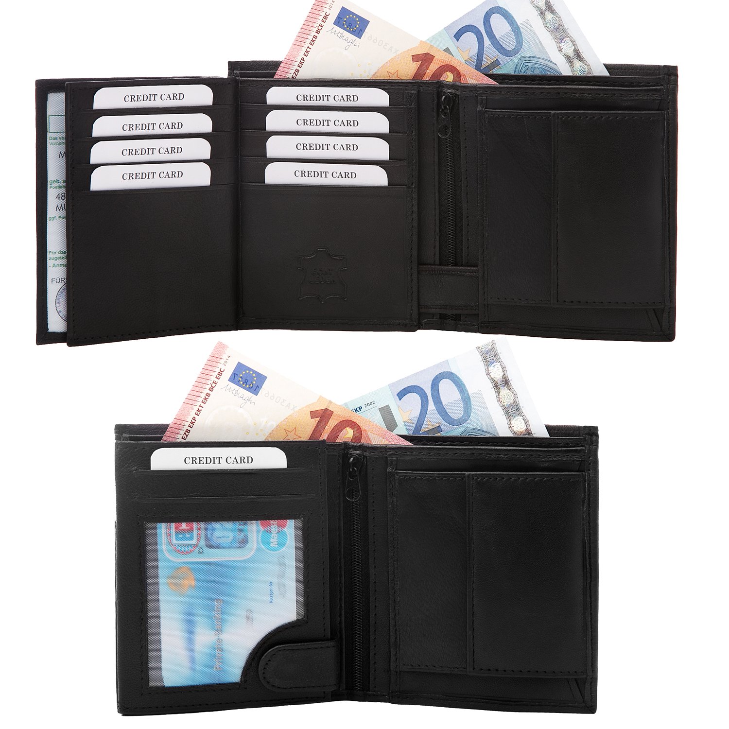Fa.Volmer® Aksamitnie miękki portfel męski z prawdziwej skóry jagnięcej, format pionowy, 10 przegródek na karty kredytowe, czarny (#WSH91), czarny, Trifold, Klasyczny