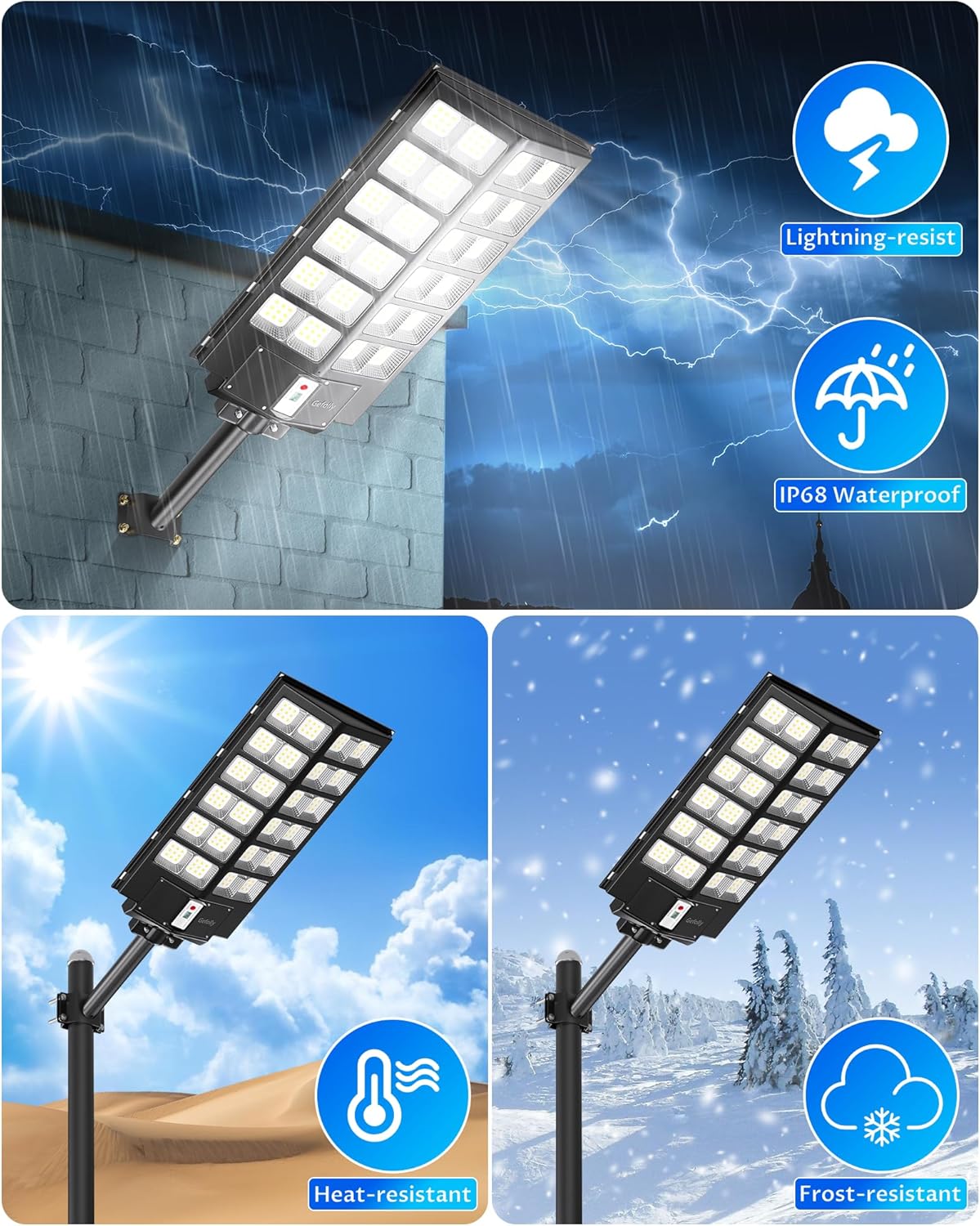 Gefolly Solar Street Lights Outdoor, Commercial Parking Lot Light, 6500K Dusk to Dawn IP67 Security Flood Lights Motion Sensor Led Lamp for Basketball Court, Road, Yard (SL-9800W, 860000LM)