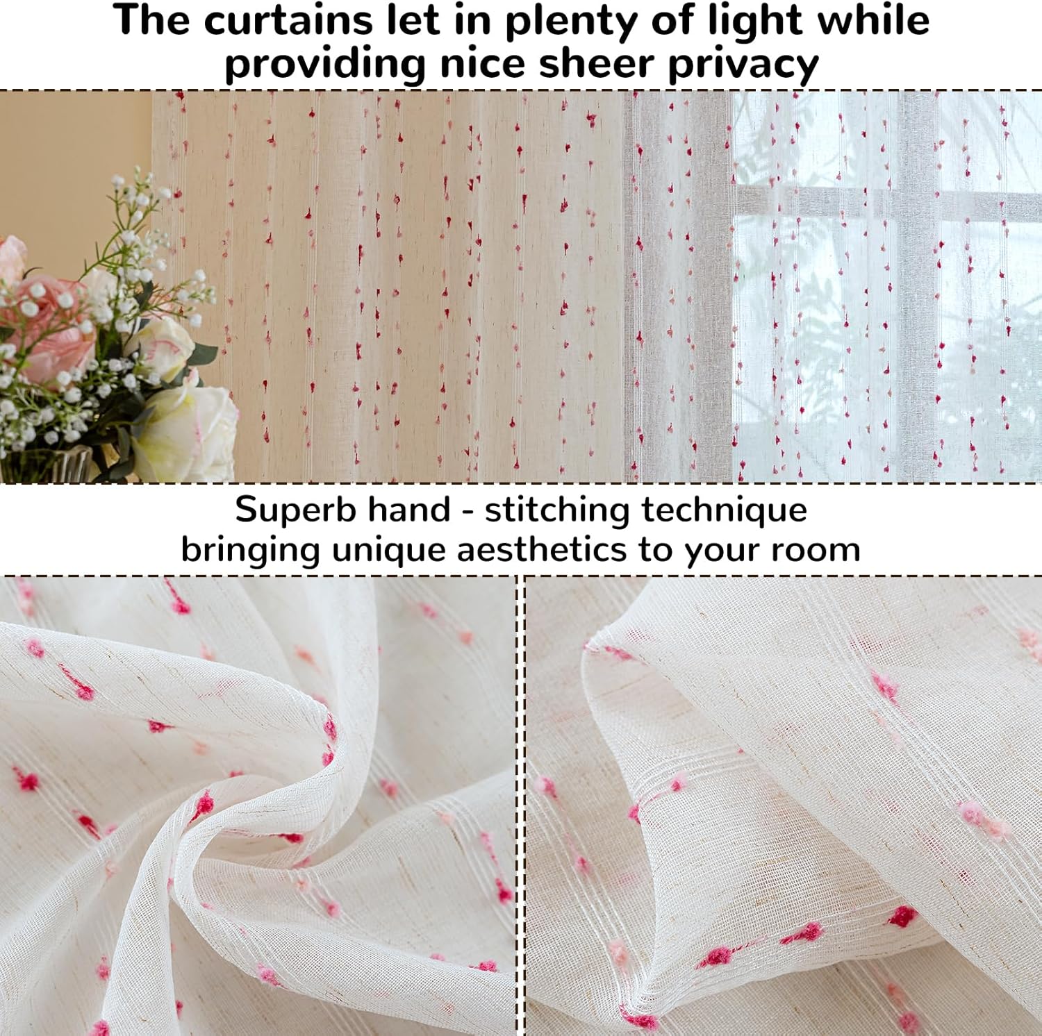 AmHoo 2 Panels Faux Linen Stripe Pom Pom Semi Sheer Curtain Vintage Voile Curtains for Living Room Bedroom Window Treatment 52 x 96 Inch Pink Multicolor