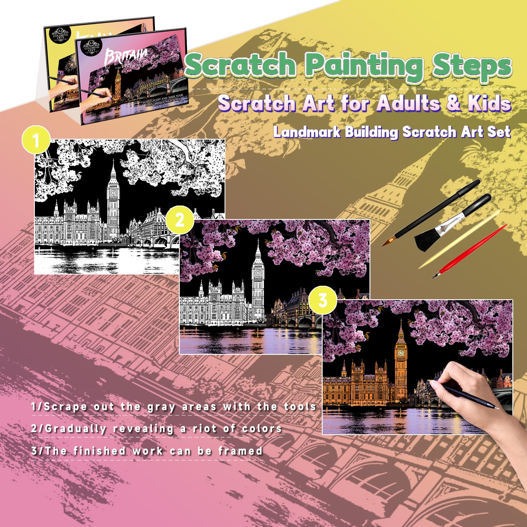 SiYear Scratch Art Painting Paper Set for Adults & Kids,Landmark Building City Series Night Scene,Scratchboard Creative Gift DIY Foil Engraving Crafts with 4 Tools (Europe Series -8Pack) - Image 2