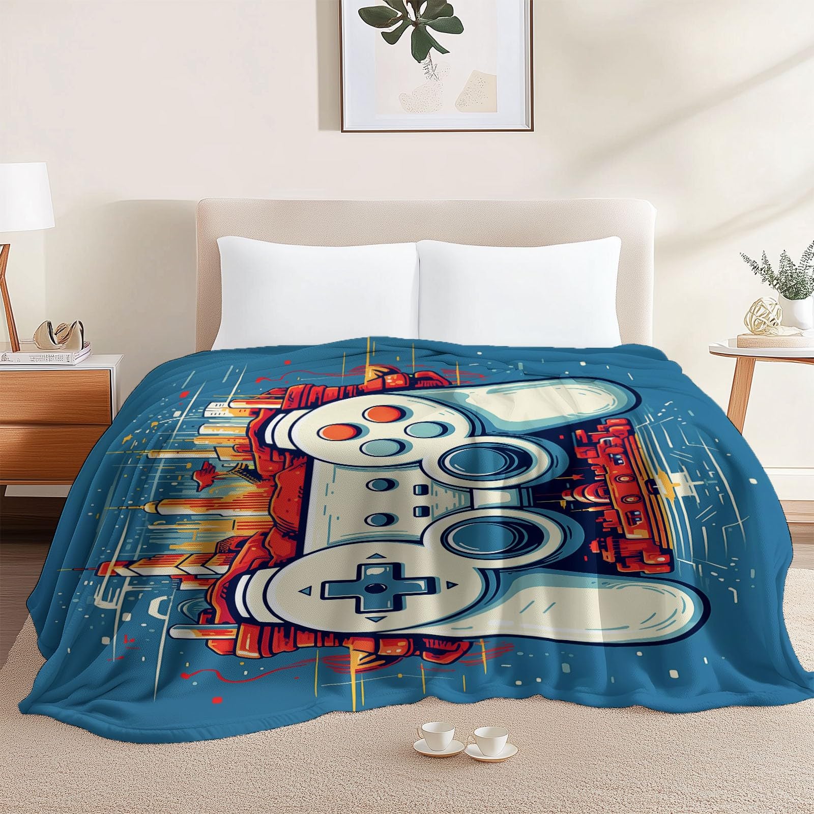 Spersonalizowany koc retro, konsola do gier, miasto, dla chłopców, dziewcząt, dzieci, piosenka na sofę, pościel, do salonu, niebiesko-czerwony, koc na baby shower, 220 x 240 cm