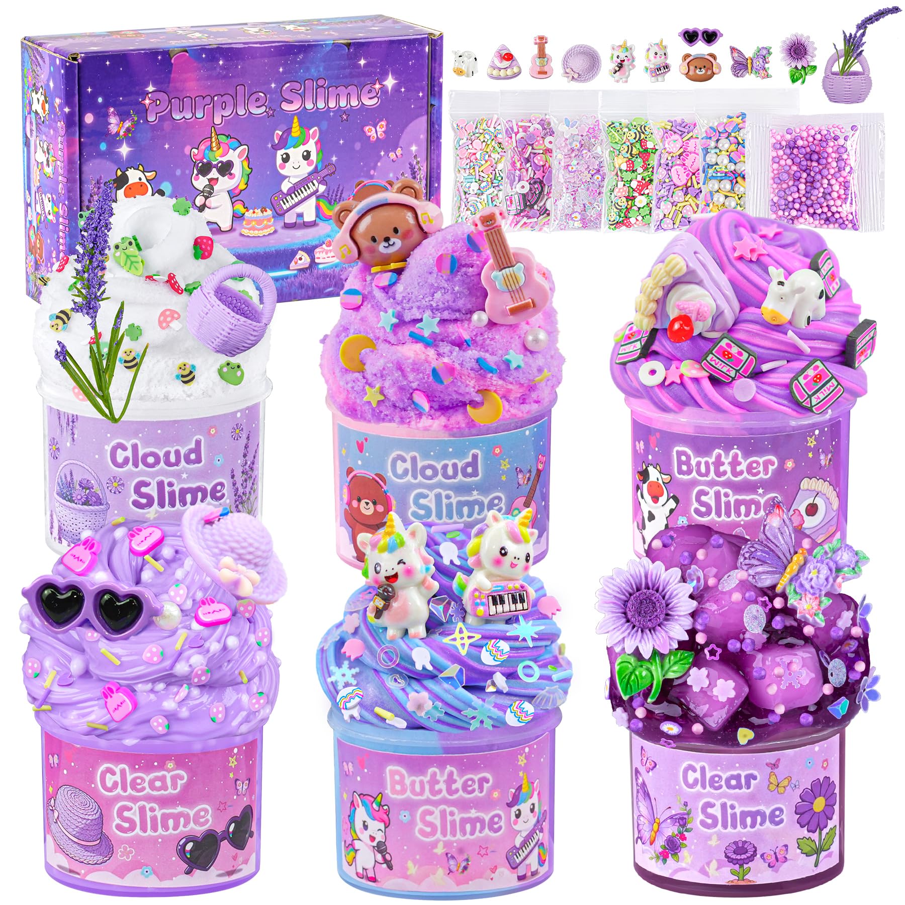 LAWOHO 6 Packs Purple Lavender Slime Kit, Cloud, Clear, Butter Slimes Kits for Girls & Boys, Non Sticky & Fluffy Kids Slime