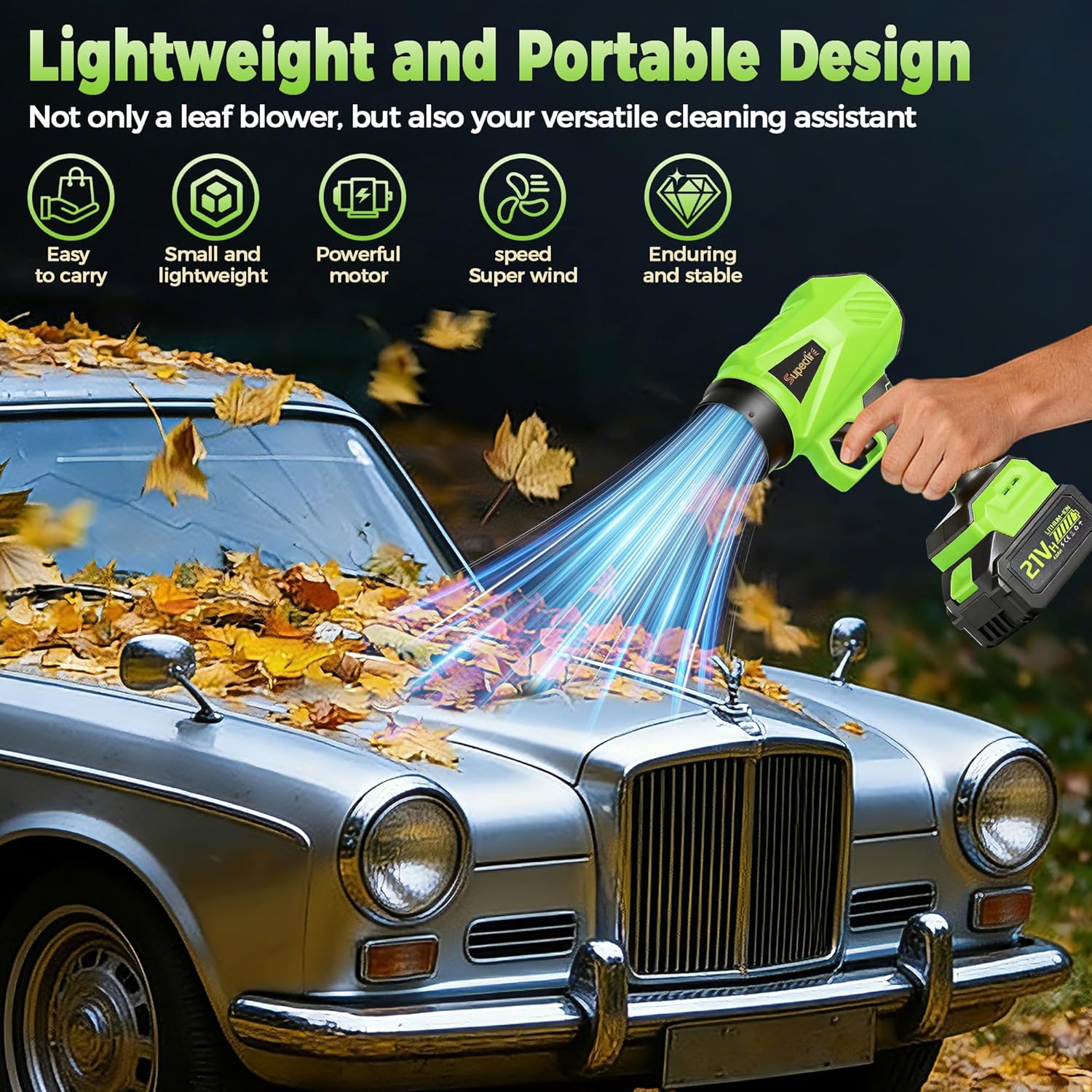 Electric Blower Cordless with 2 X 4.0Ah Batteries Powerwed 800000 RPM, Stepless Speed Control, 200 MPH, Powerful Blower with 2 Nozzle, Lightweight Blower for Daily Cleaning of Yards, Garages, Lawns