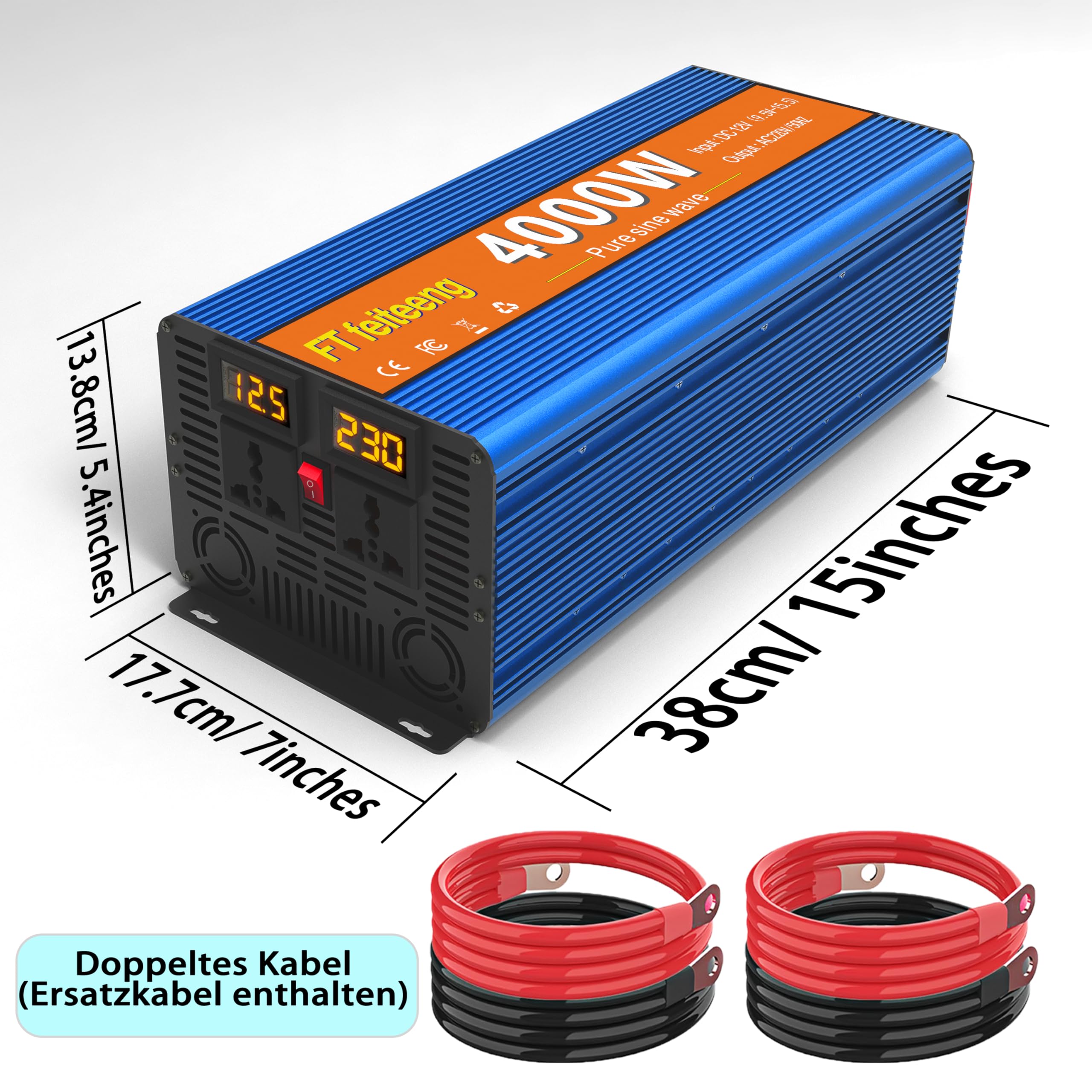 Convertisseur Pur Sinus 4000W (Pic 8000W) 12V 220V 230V, onduleur Solaire avec 2 écrans LCD, 2 Prises CA, convertisseur de Tension pour véhicules, Voiture Solaire, Camping-Car, appareils ménagers