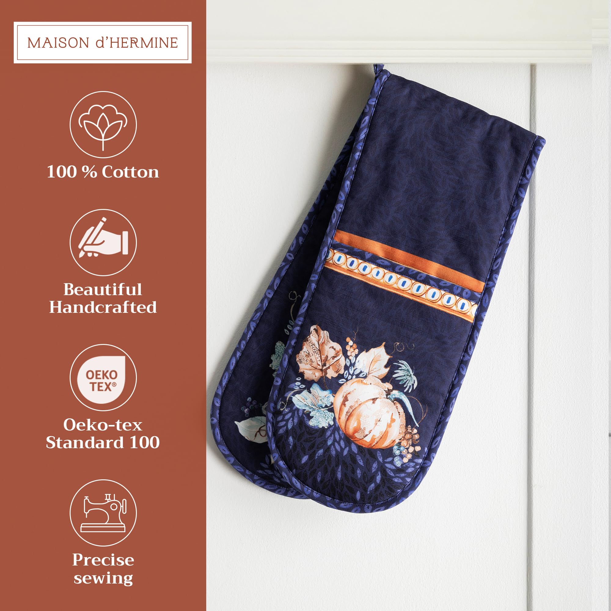 Maison d' Hermine Double Oven Mitt (18 cm x 89 cm) 100% Cotton Heat Resistant BBQ Cooking Gloves with Loop for Christmas Decorations Baking Cooking Barbeque Handling Hot Pan (Pumpkin Blues) - Image 3
