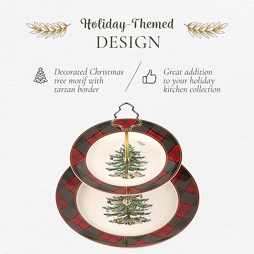 Miniatura 3 de Spode Servidor de tartán de árbol de Navidad de 2 niveles, soporte para cupcakes navideños, juego de exhibición de postres, platos de barro, platos