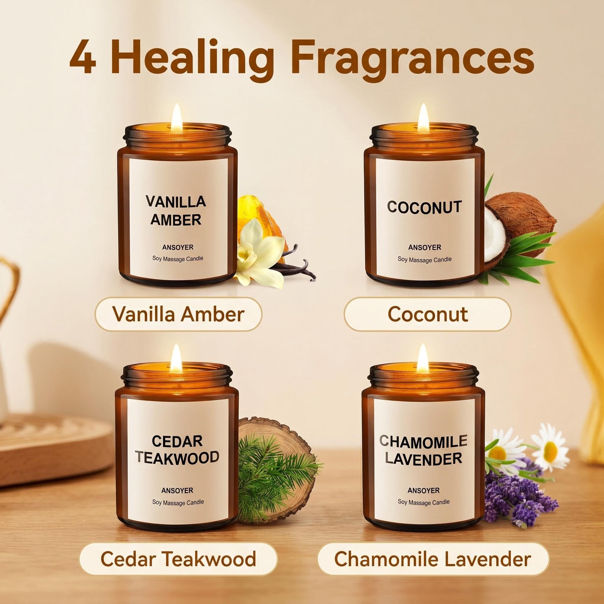 Pack de 4 Velas de Masaje para Aceites y Cremas Corporales - 512g en Caja Regalo (Ámbar Vainilla+ Coco+ Madera de teca de cedro+ Manzanilla Lavanda)