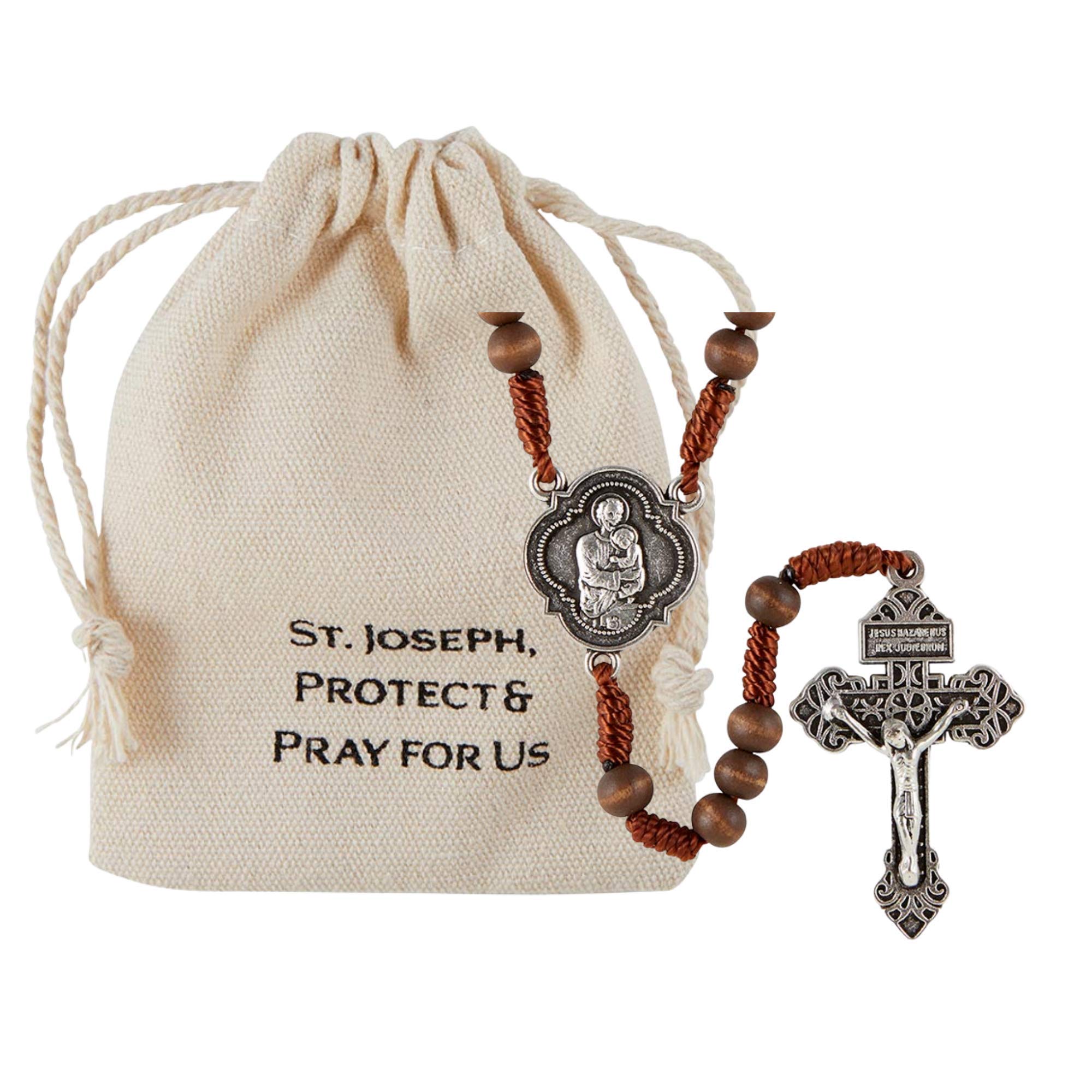 Needzo Saint Joseph The Protector Corded Wood Rosary in Small Canvas Travel Bag, Catholic Prayer Beads with Carrying Case, 16 Inches, Wood