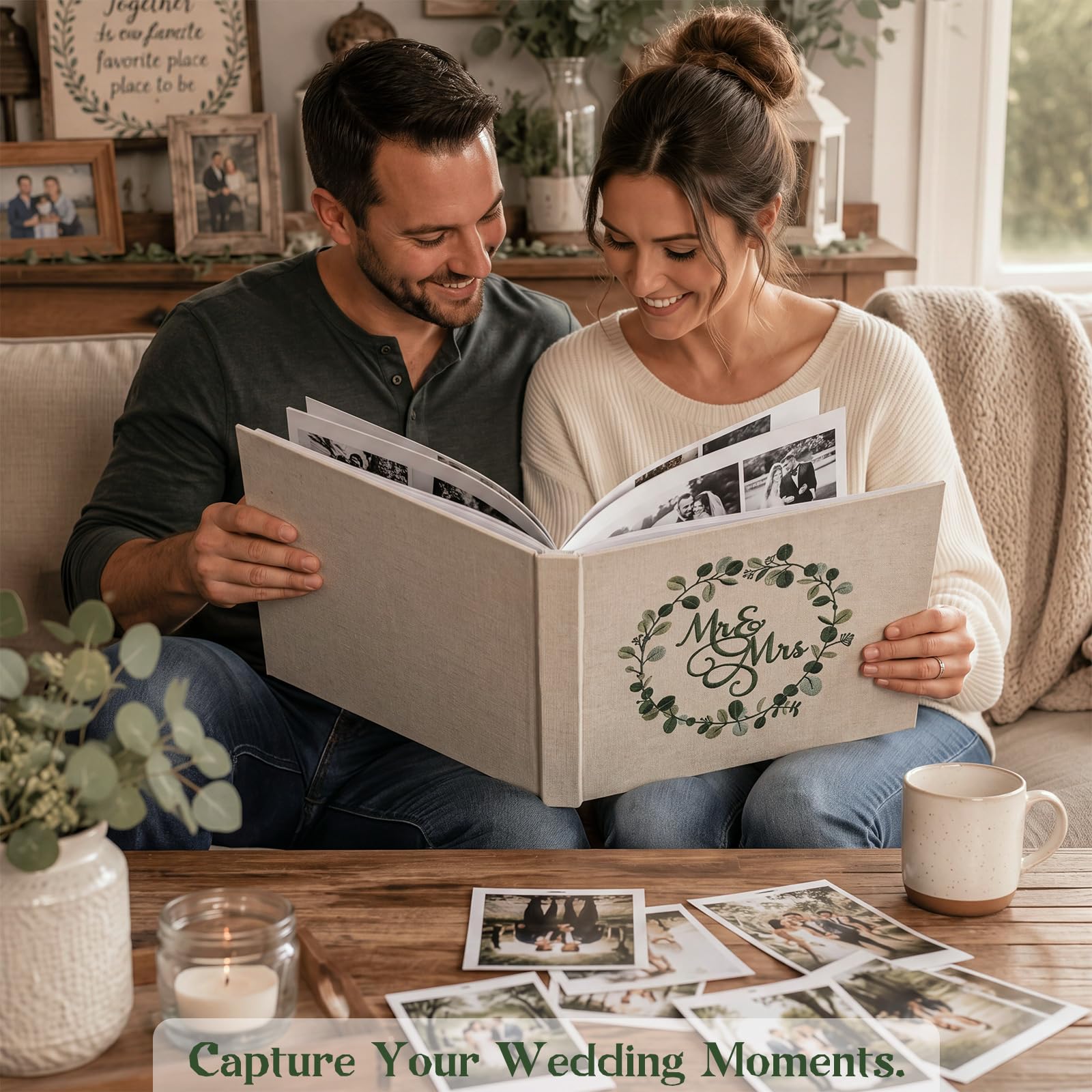 MotiMind Eucalyptus Leaf Embroidered Linen Wedding Photo Album 12.99x11.81 Inches with 400 Pockets Vintage Wedding Memory Book for Engagement Photo Honeymoon Keepsake Couple Anniversary